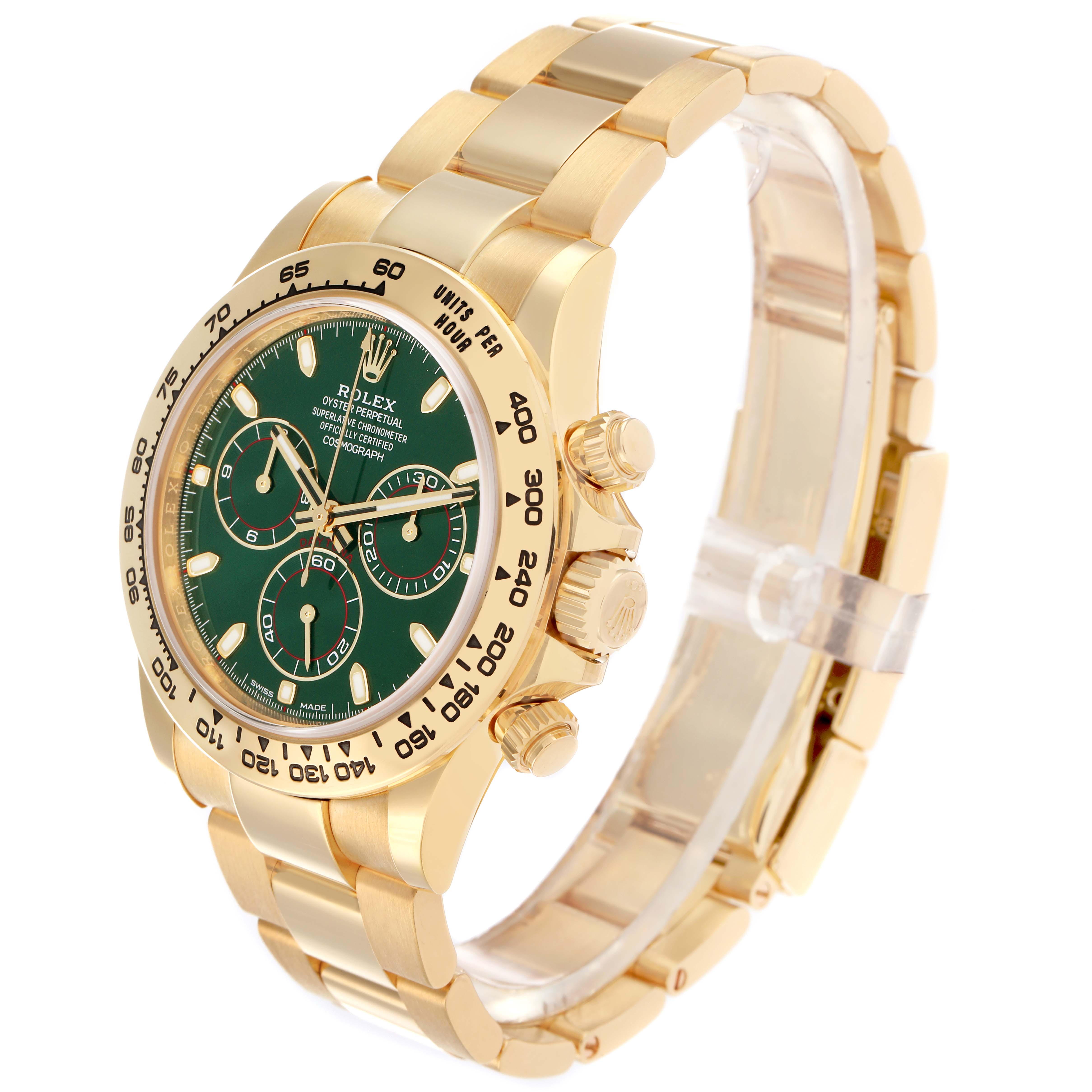 The Rolex Daytona 116508 Men
s Yellow Gold Green Dial watch is shown at an angle highlighting the dial, bracelet, and side pushers.