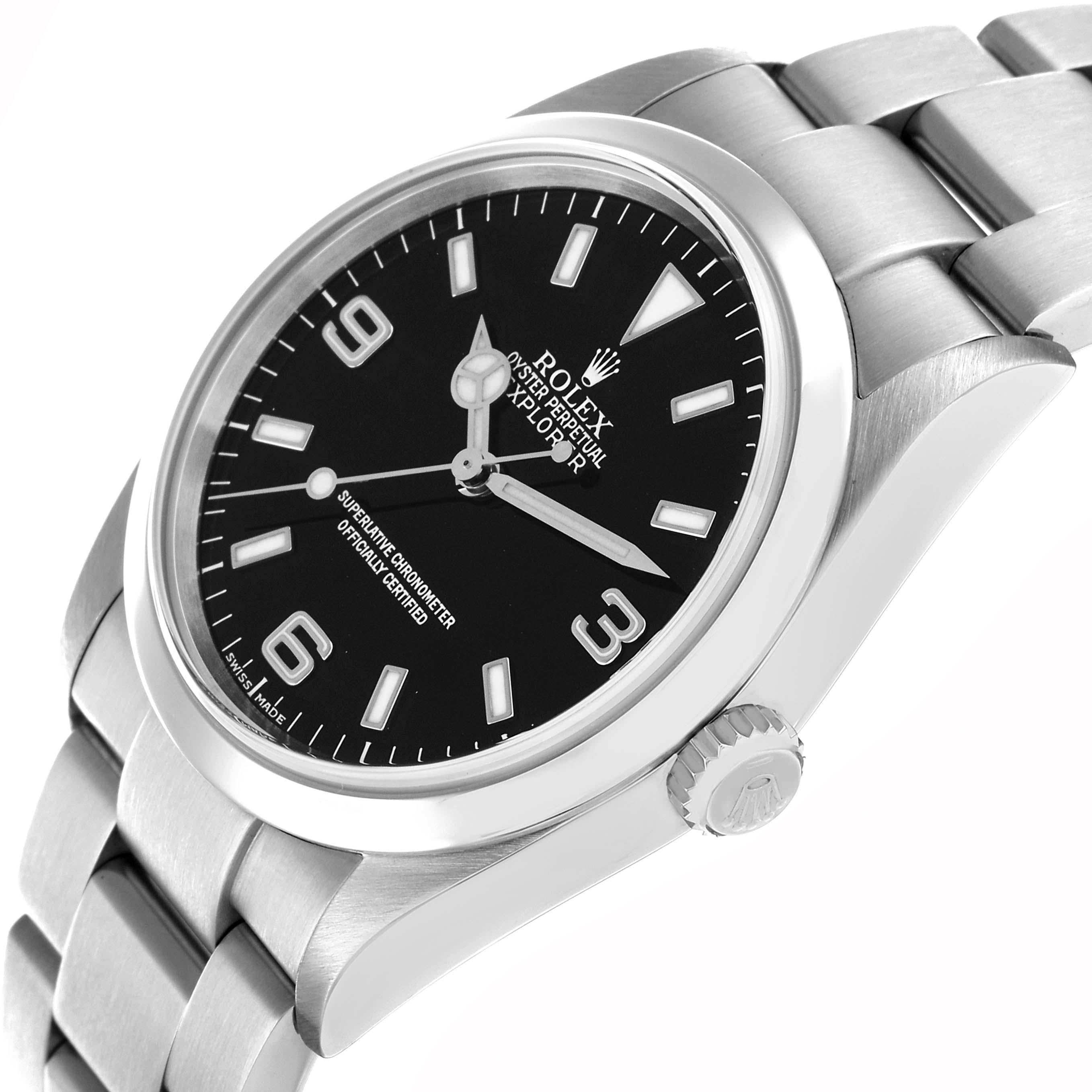 The Rolex Explorer 114270 Men
s Stainless Steel Black Dial watch is shown at an angle displaying the dial, bezel, crown, and part of the bracelet.