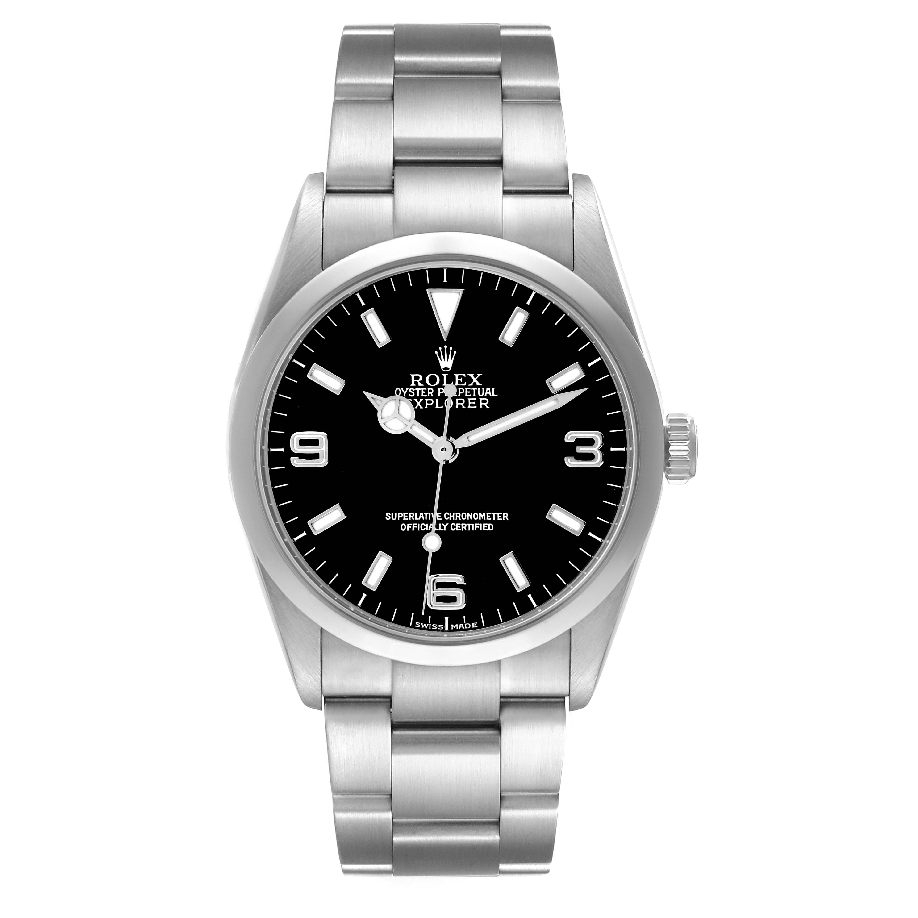 The Rolex Explorer 114270 Men
s Stainless Steel Black Dial watch is shown from the front, displaying its face, bezel, hands, and stainless steel bracelet.