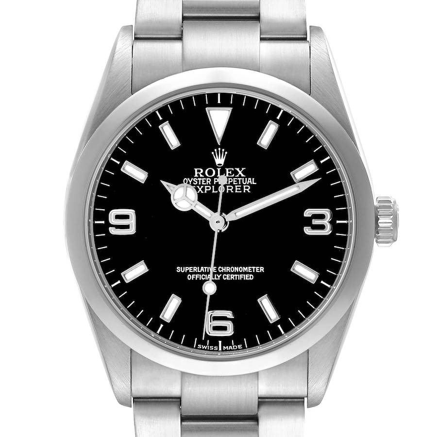 The Rolex Explorer 114270 Men's Stainless Steel Black Dial watch is shown from a front angle, displaying the dial, hands, crown, and part of the bracelet.