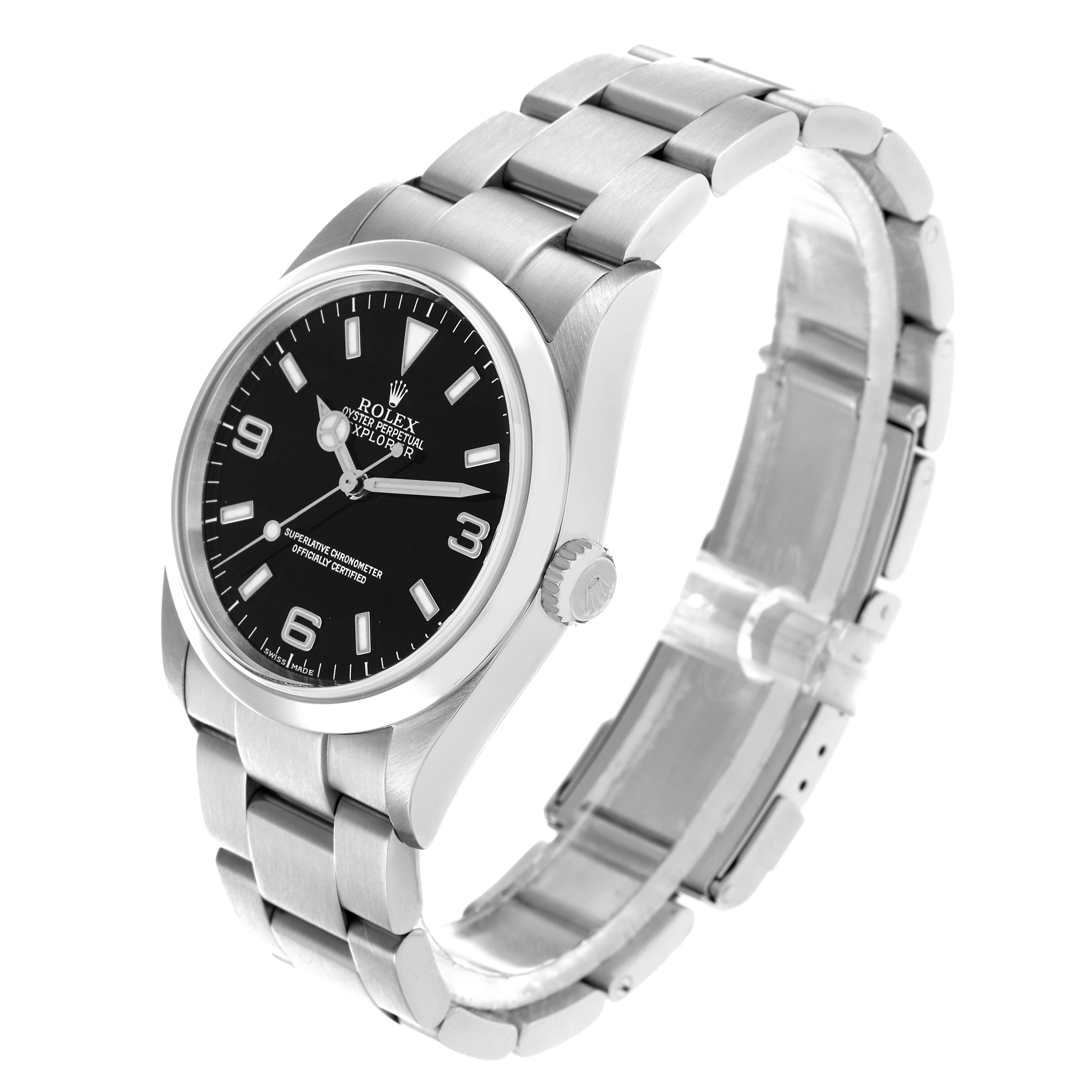 The Rolex Explorer 114270 Men
s Stainless Steel Black Dial watch is shown at a three-quarter angle, highlighting the dial, bezel, case, crown, and bracelet.