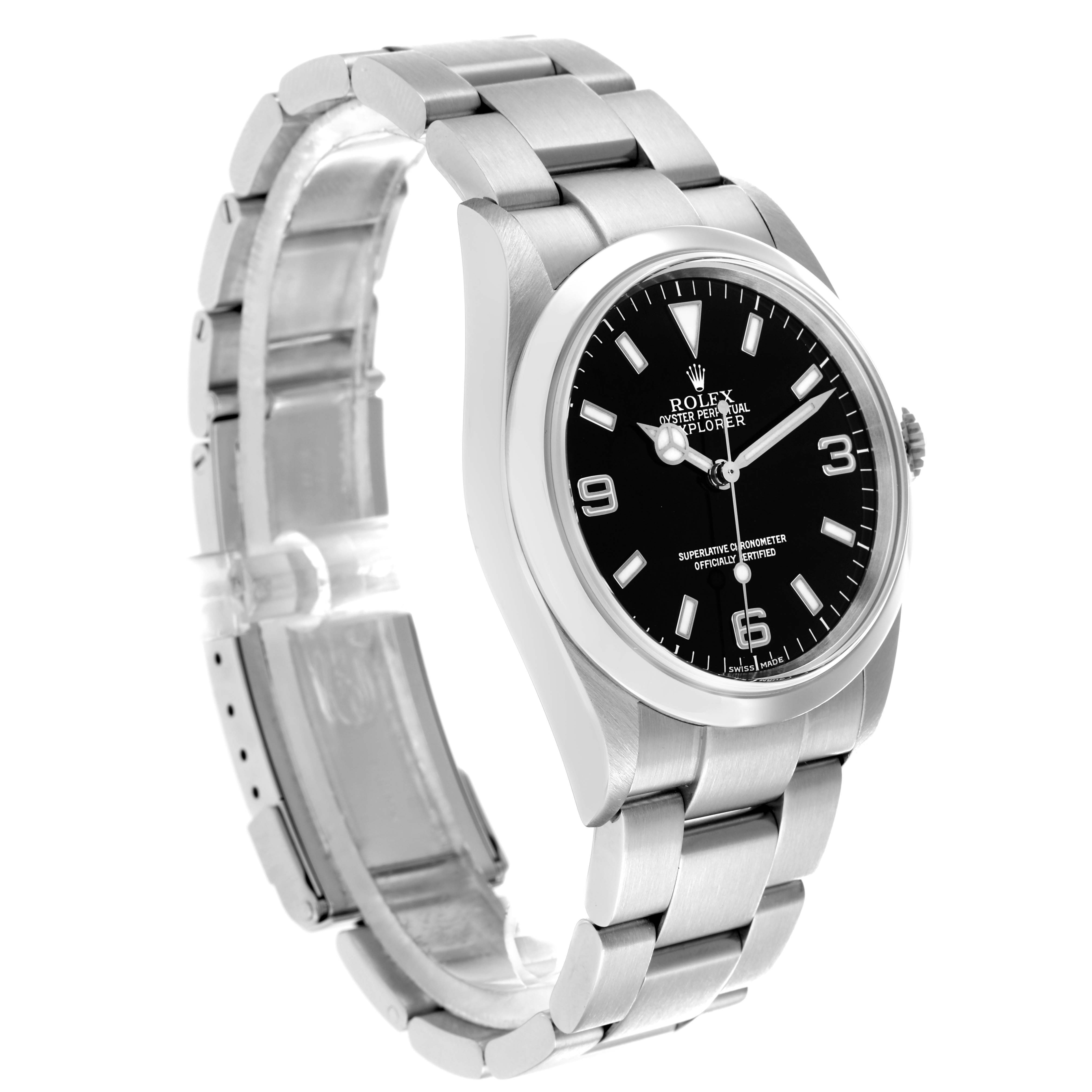 The Rolex Explorer 114270 Men
s Stainless Steel Black Dial watch is shown at a slight angle, highlighting the face, bezel, and stainless steel bracelet.