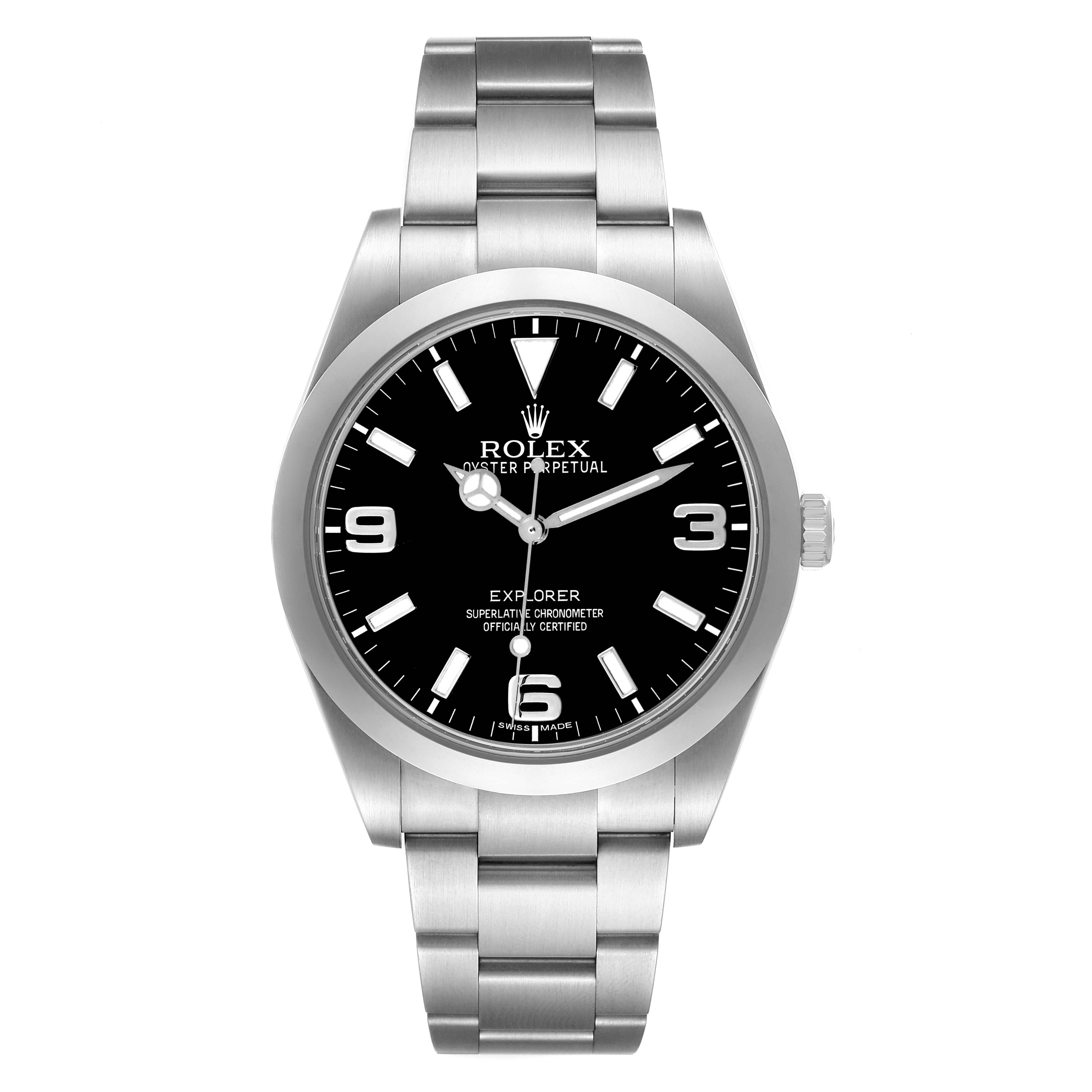 The Rolex Explorer 214270 Men
s Stainless Steel Black Dial watch is shown from a front angle, displaying the dial, bezel, case, bracelet, and crown.