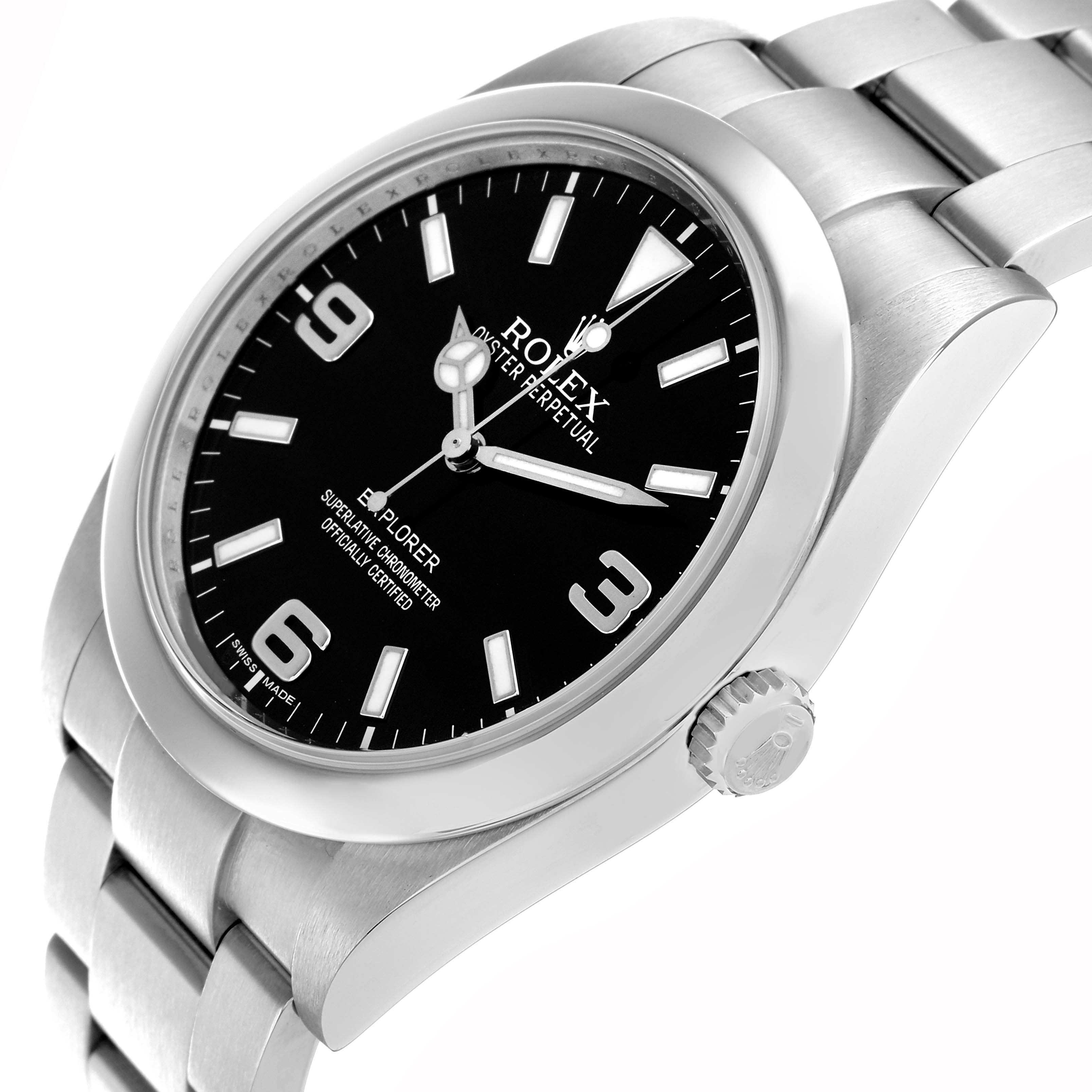 The Rolex Explorer 214270 Men
s Stainless Steel Black Dial watch is shown at a tilted angle, displaying the black dial, crown, and bracelet.