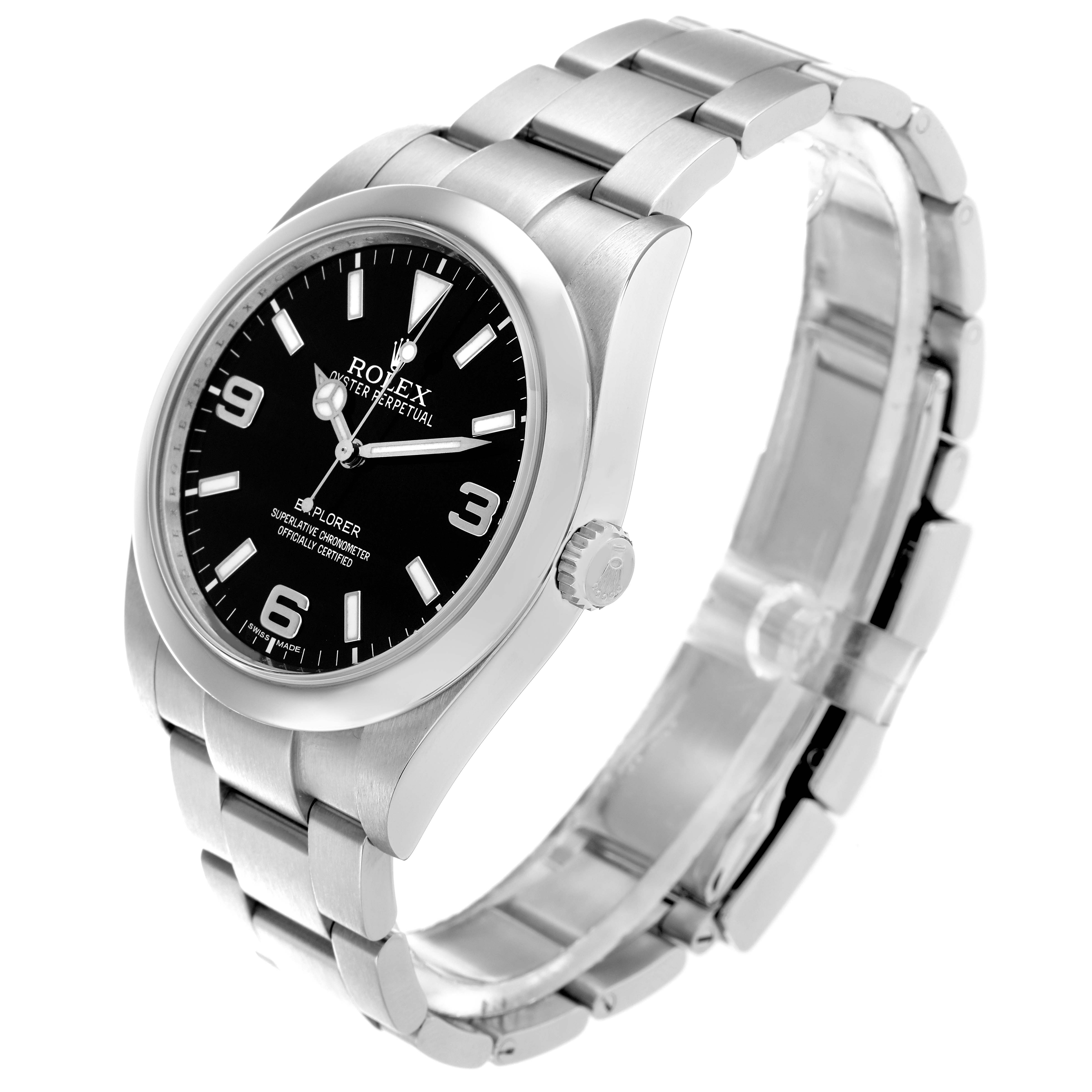 The Rolex Explorer 214270 Men
s Stainless Steel Black Dial model is shown at a three-quarter angle, highlighting the dial, crown, and bracelet.