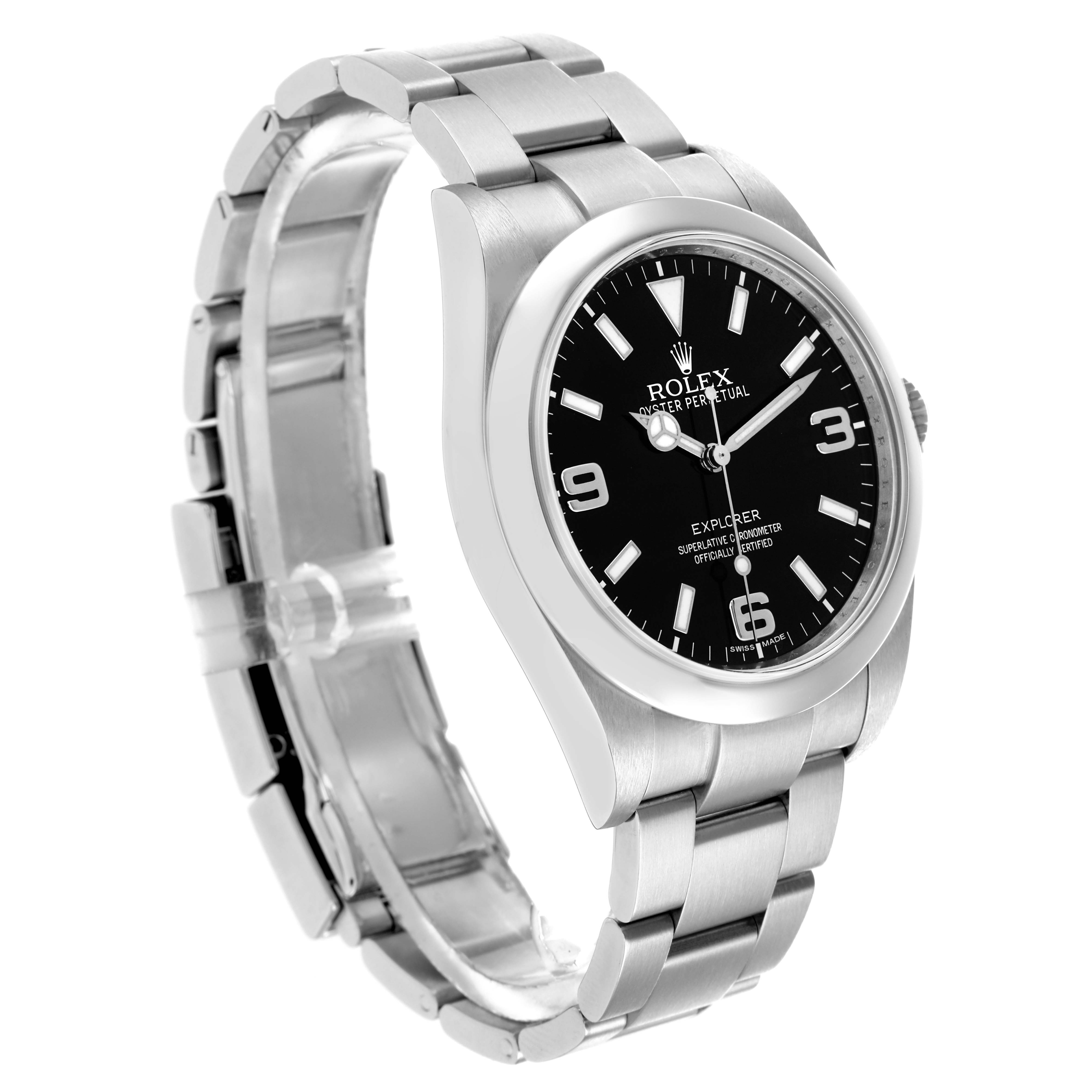 The Rolex Explorer 214270 Men
s Stainless Steel Black Dial watch is shown at an angled side view, displaying its black dial, stainless steel case, and bracelet.