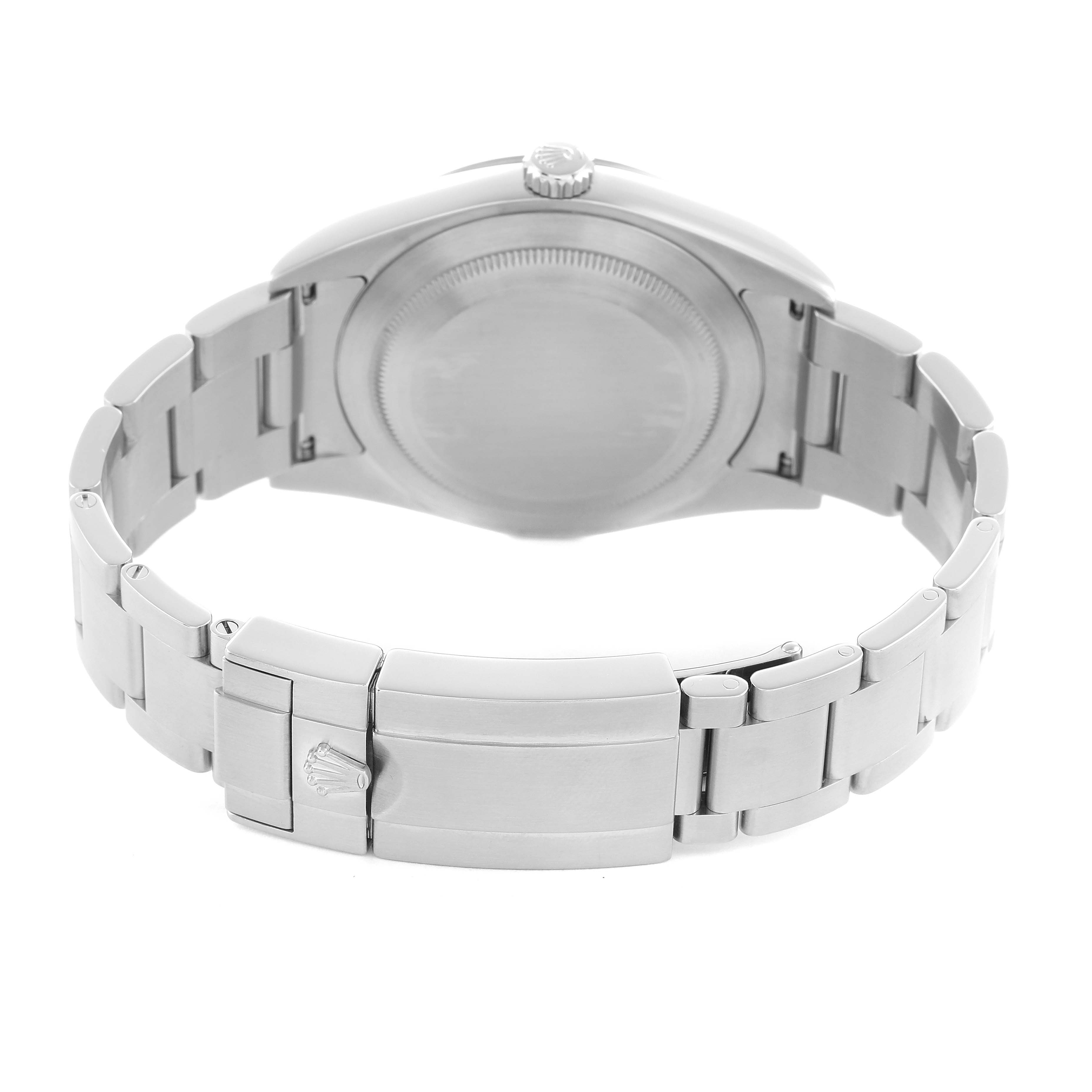 The image shows the back view of a Rolex Explorer 214270 Men
s Stainless Steel Black Dial watch, featuring the case back, crown, and closed clasp on the bracelet.