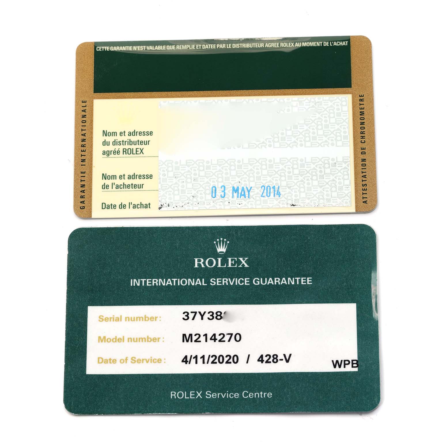 The image shows the front side of warranty and service cards for a Rolex Explorer 214270 Men
s Stainless Steel Black Dial watch model.
