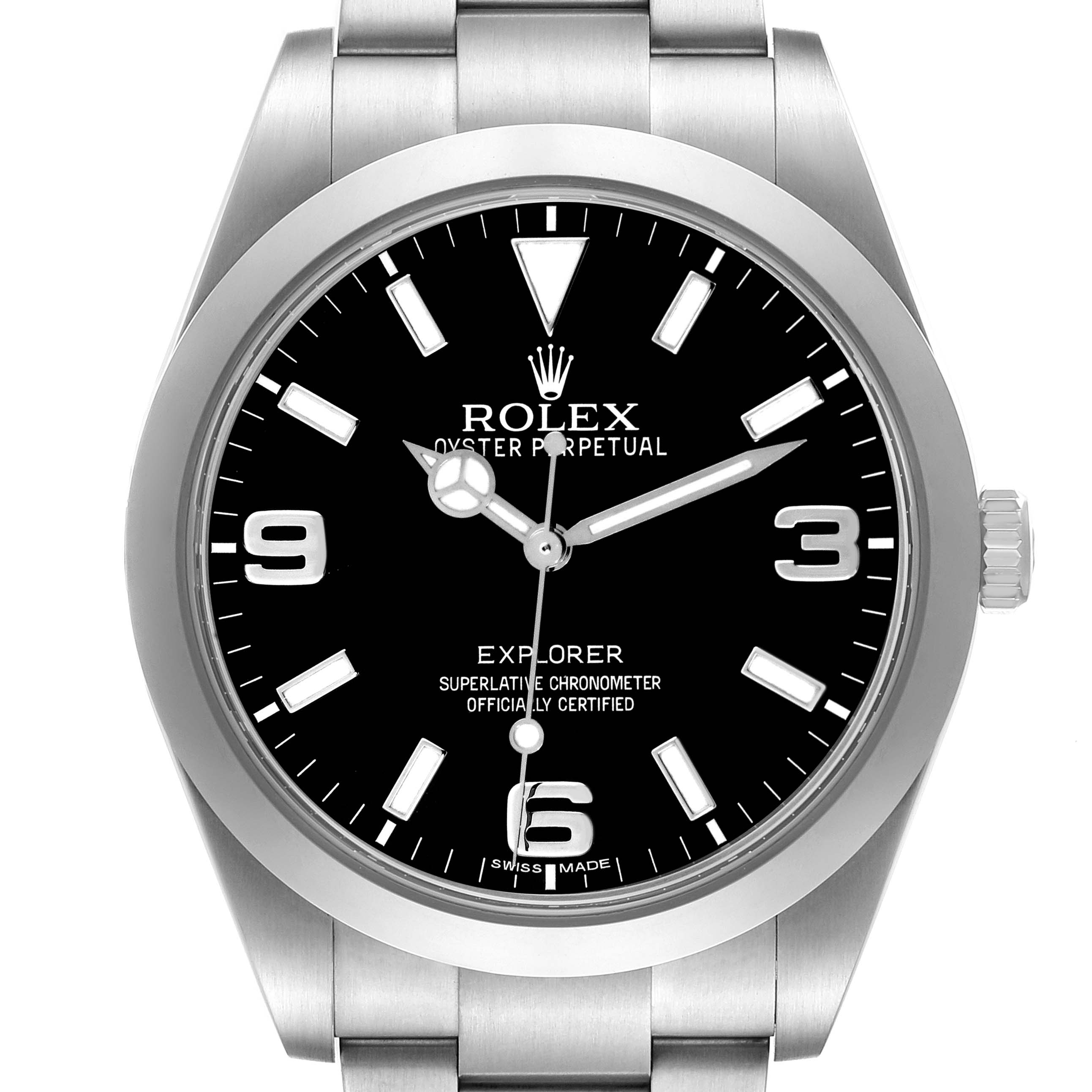 The Rolex Explorer 214270 Men
s Stainless Steel Black Dial watch is shown from a front view, featuring the dial, bezel, and part of the bracelet.