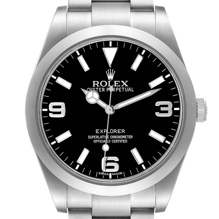 The Rolex Explorer 214270 Men's Stainless Steel Black Dial watch is shown from a front view, featuring the dial, bezel, and part of the bracelet.