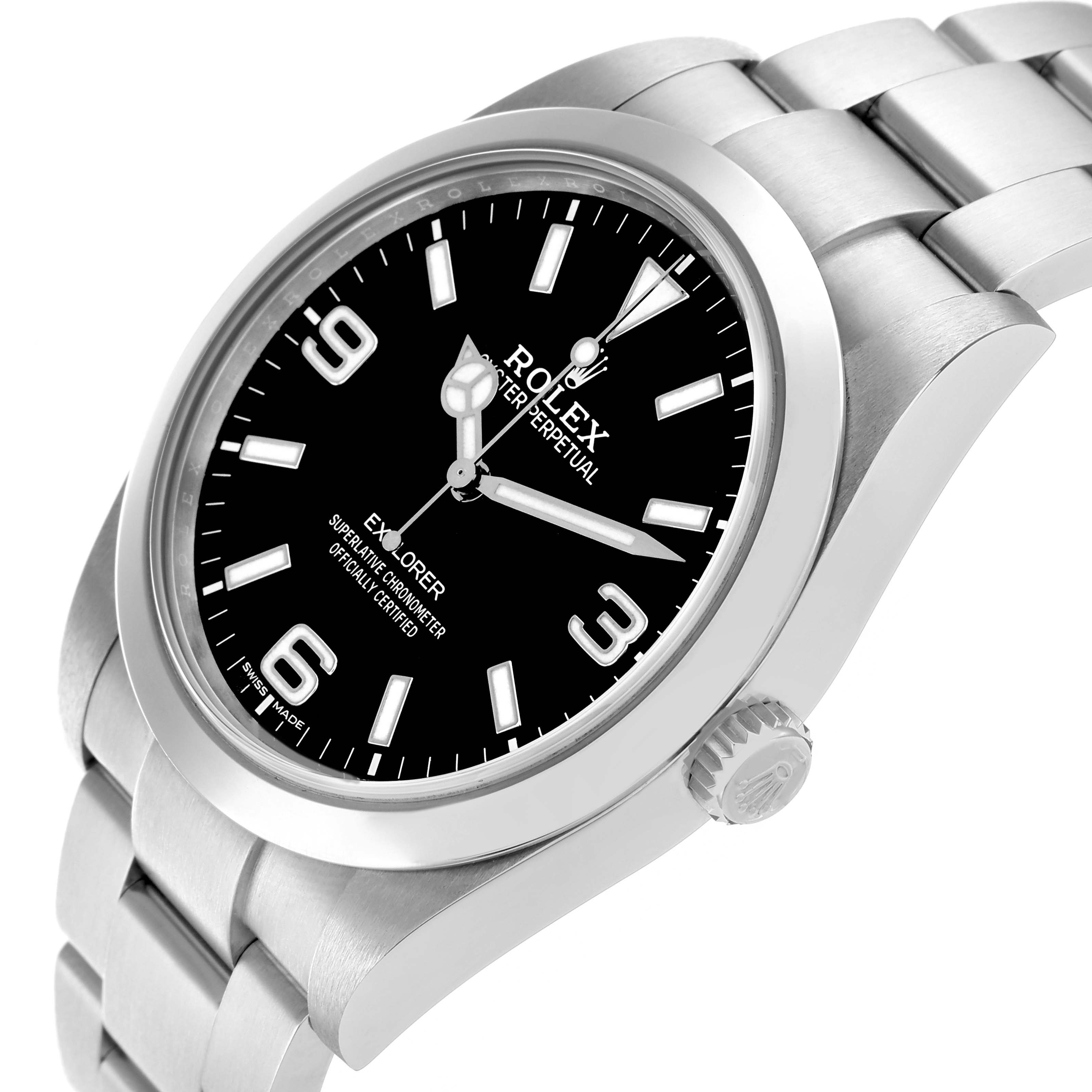 The Rolex Explorer 214270 Men
s Stainless Steel Black Dial watch is shown at a three-quarter angle, highlighting the case, bezel, dial, bracelet, and crown.