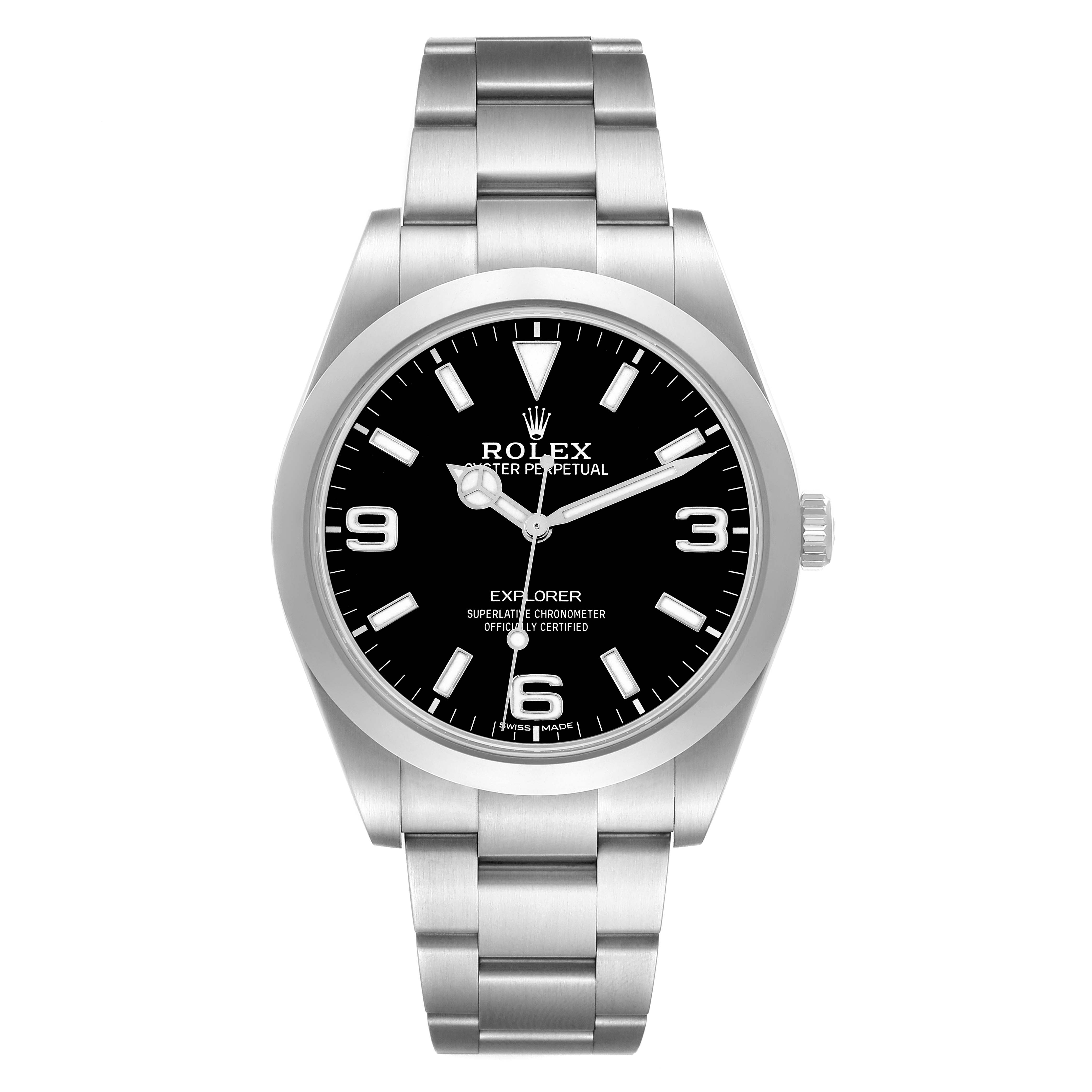 The Rolex Explorer 214270 Men
s Stainless Steel Black Dial watch is shown from a top-down angle, displaying the dial, bezel, and bracelet.