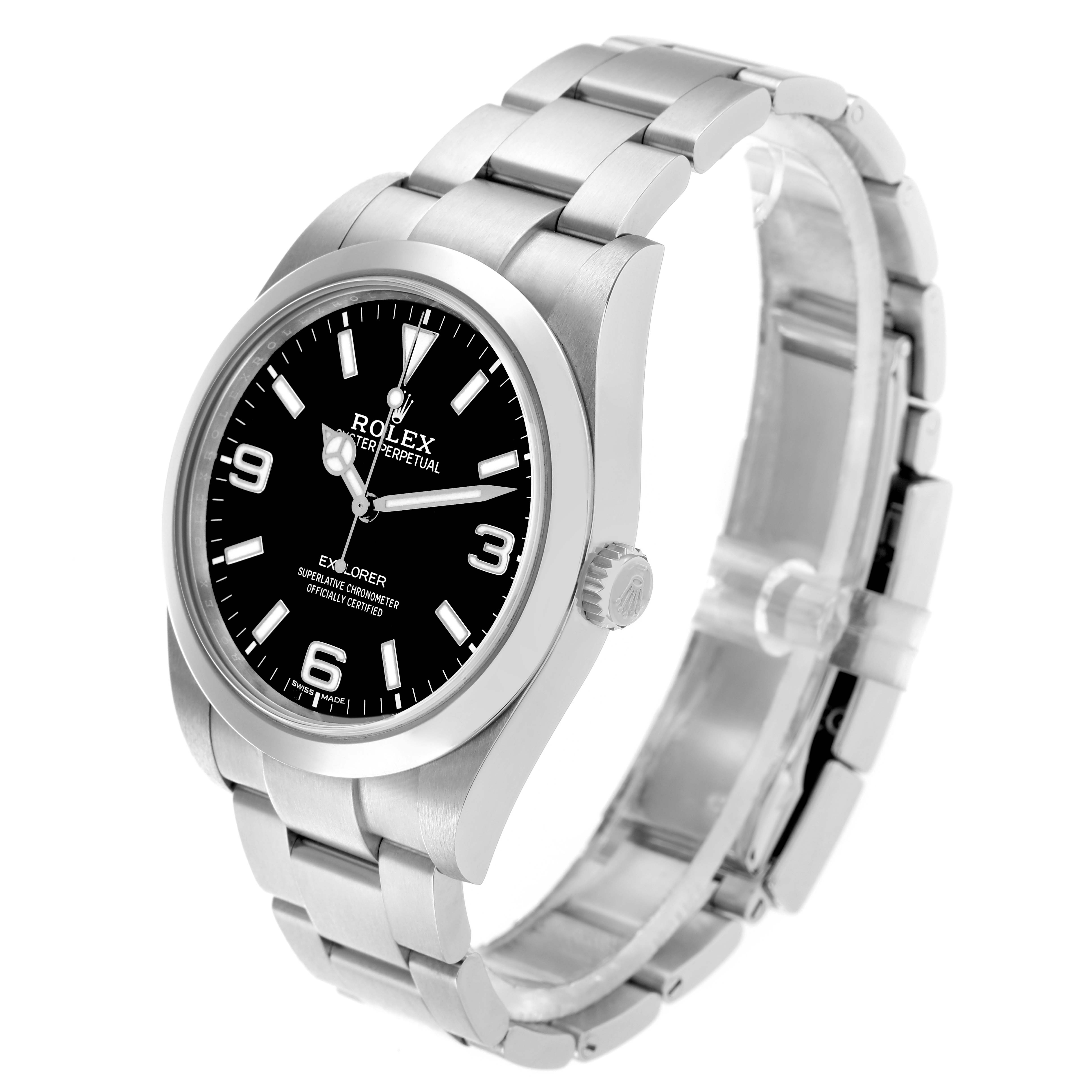 The Rolex Explorer 214270 Men
s Stainless Steel Black Dial watch is shown at a three-quarter angle, highlighting the face, bezel, crown, and bracelet.