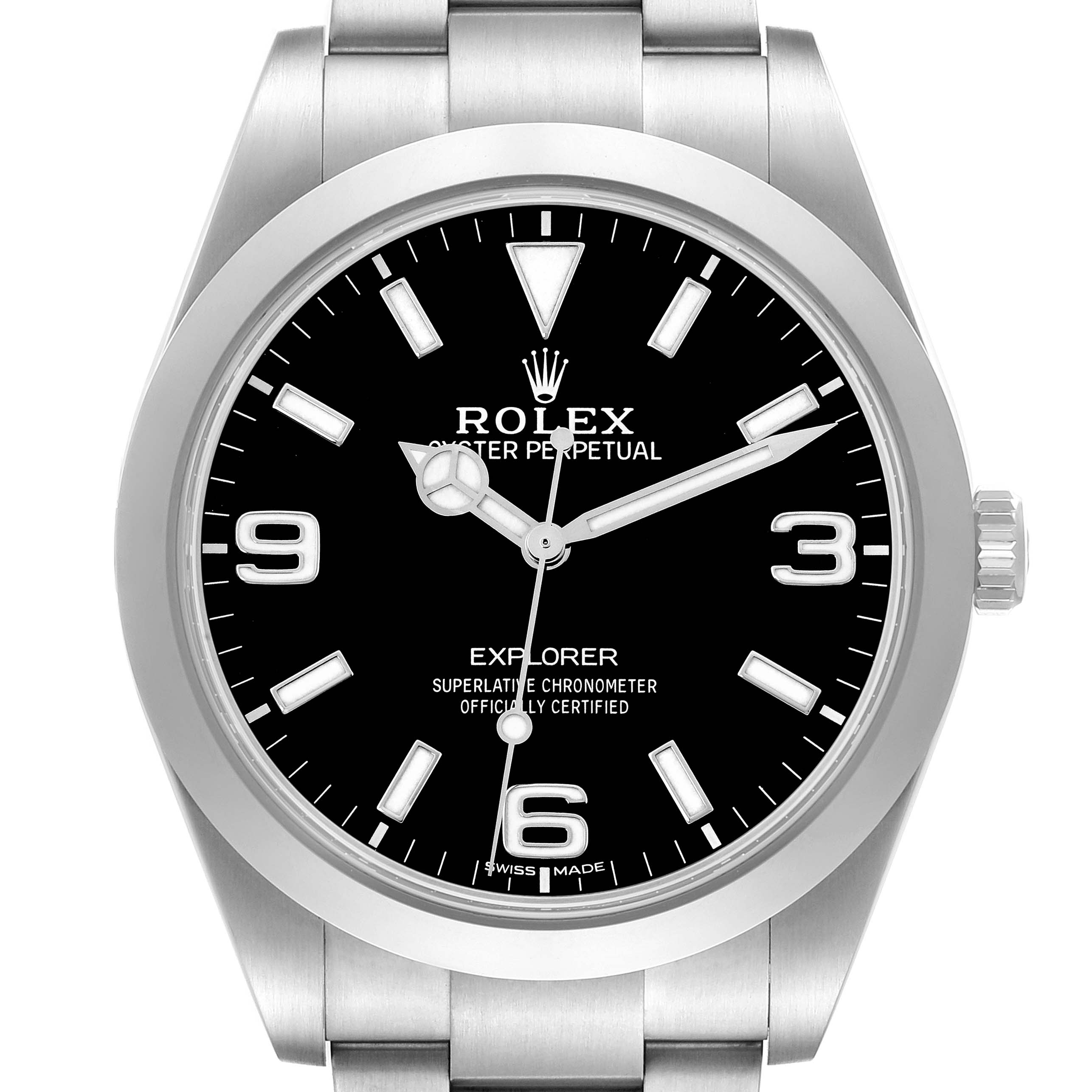 The Rolex Explorer 214270 Men
s Stainless Steel Black Dial watch is shown from the front, displaying the dial, bezel, and a portion of the bracelet.