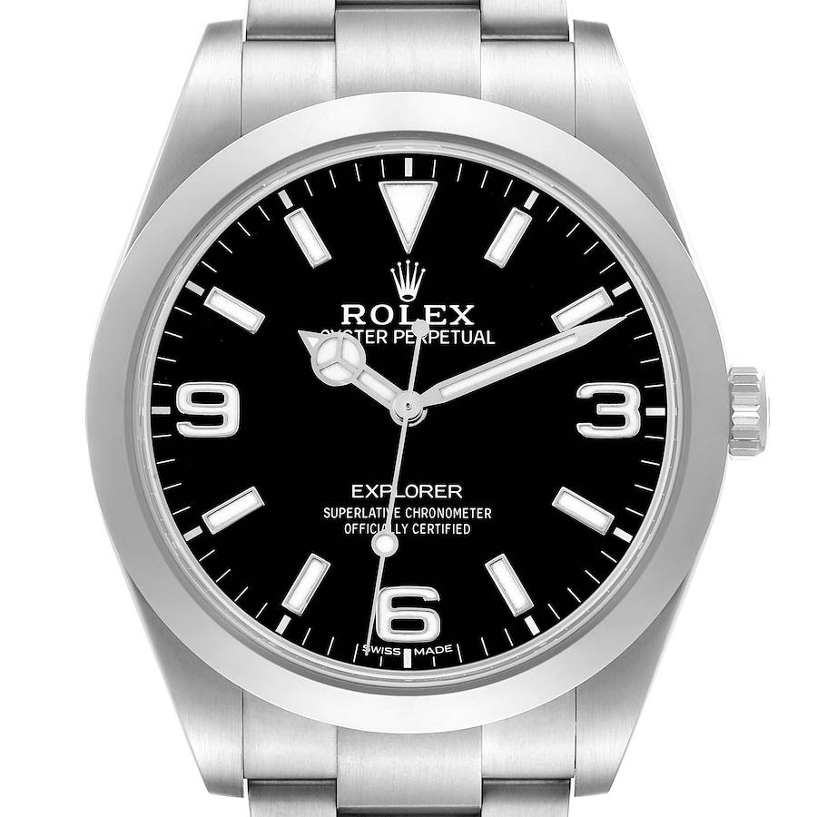 The Rolex Explorer 214270 Men's Stainless Steel Black Dial watch is shown from the front, displaying the dial, bezel, and a portion of the bracelet.