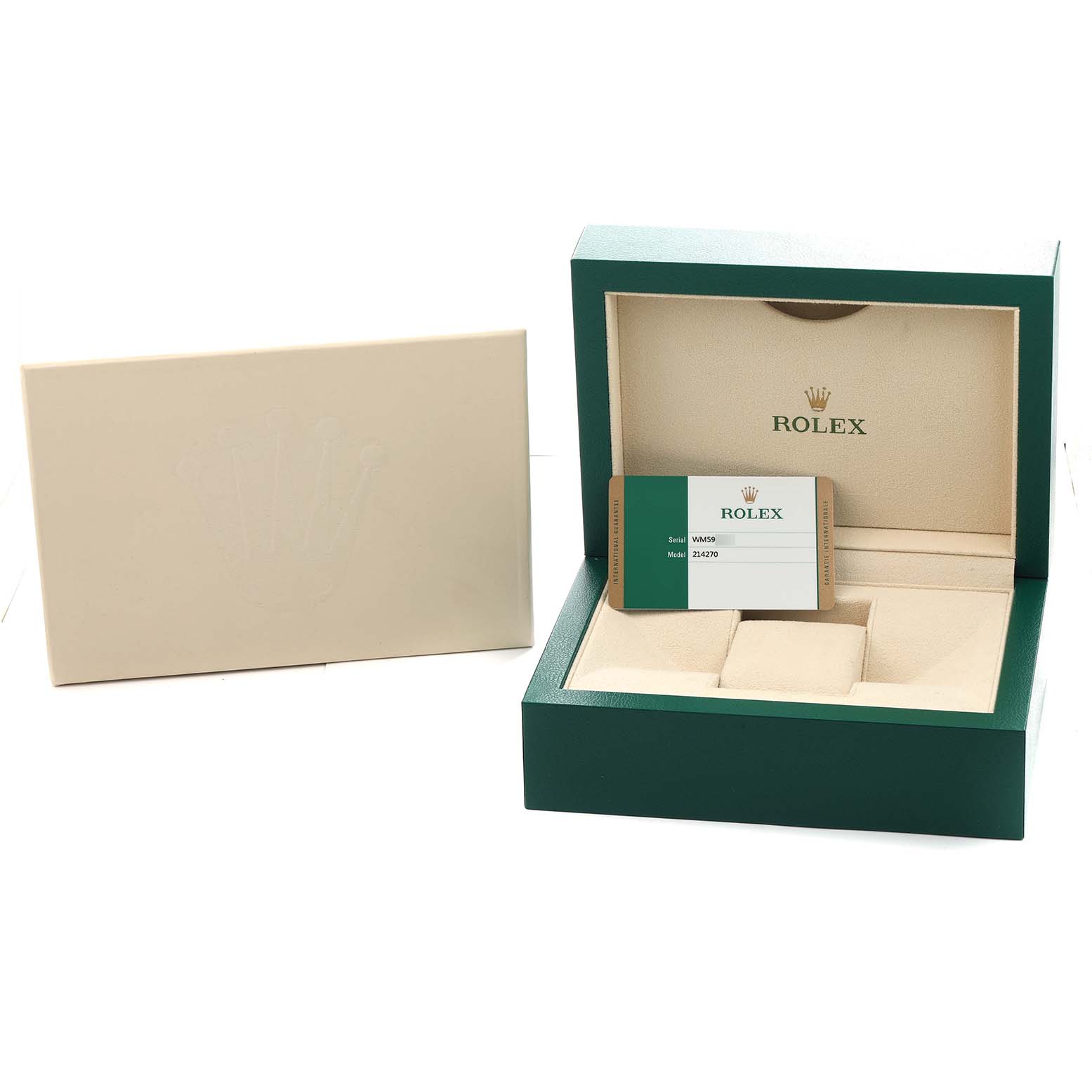 The image shows a Rolex Explorer 214270 Men
s Stainless Steel Black Dial box set, including the open box, warranty card, and outer box cover, viewed from above.