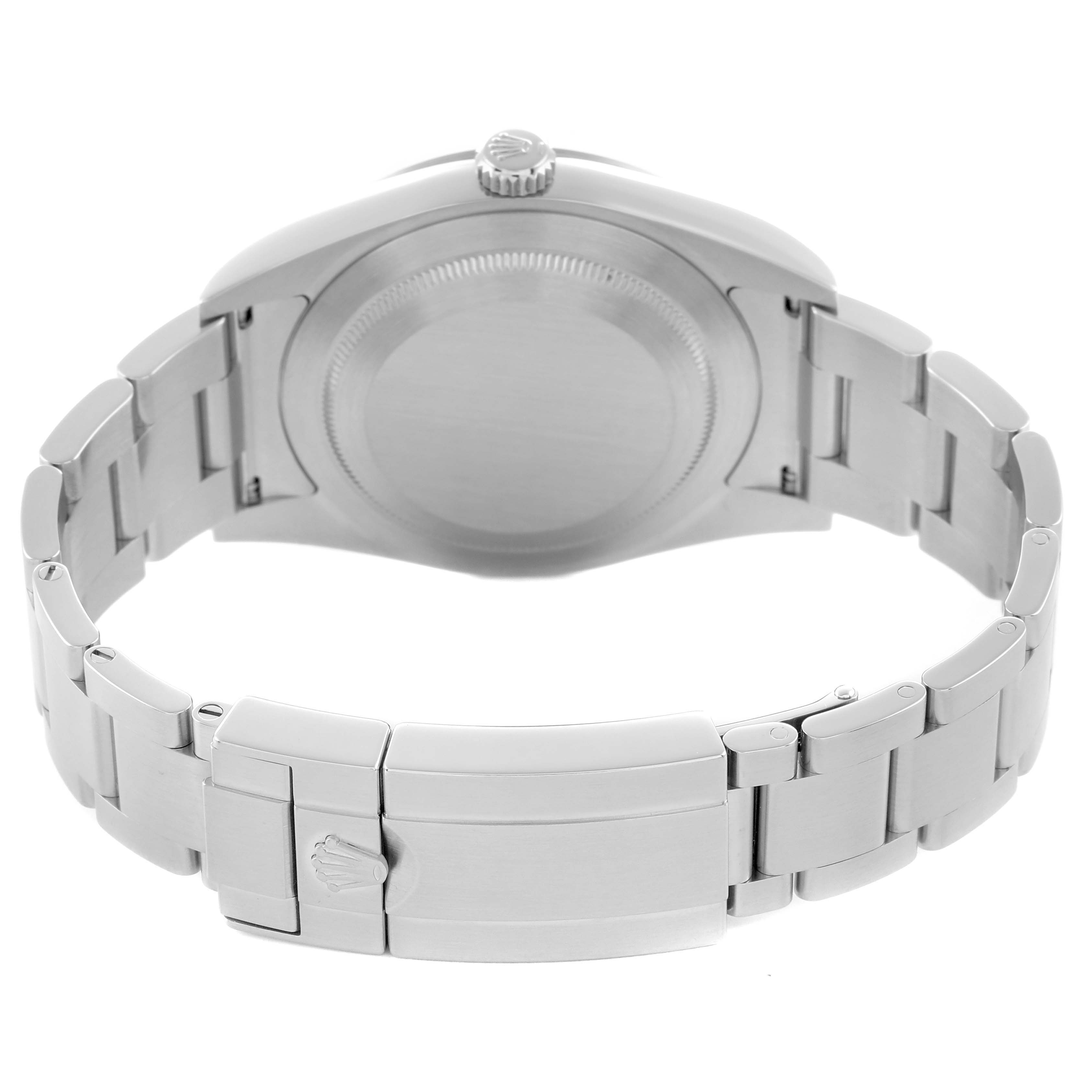 The image shows the back, crown, and clasp of a Rolex Explorer 214270 Men
s Stainless Steel Black Dial, viewed from a rear angle.