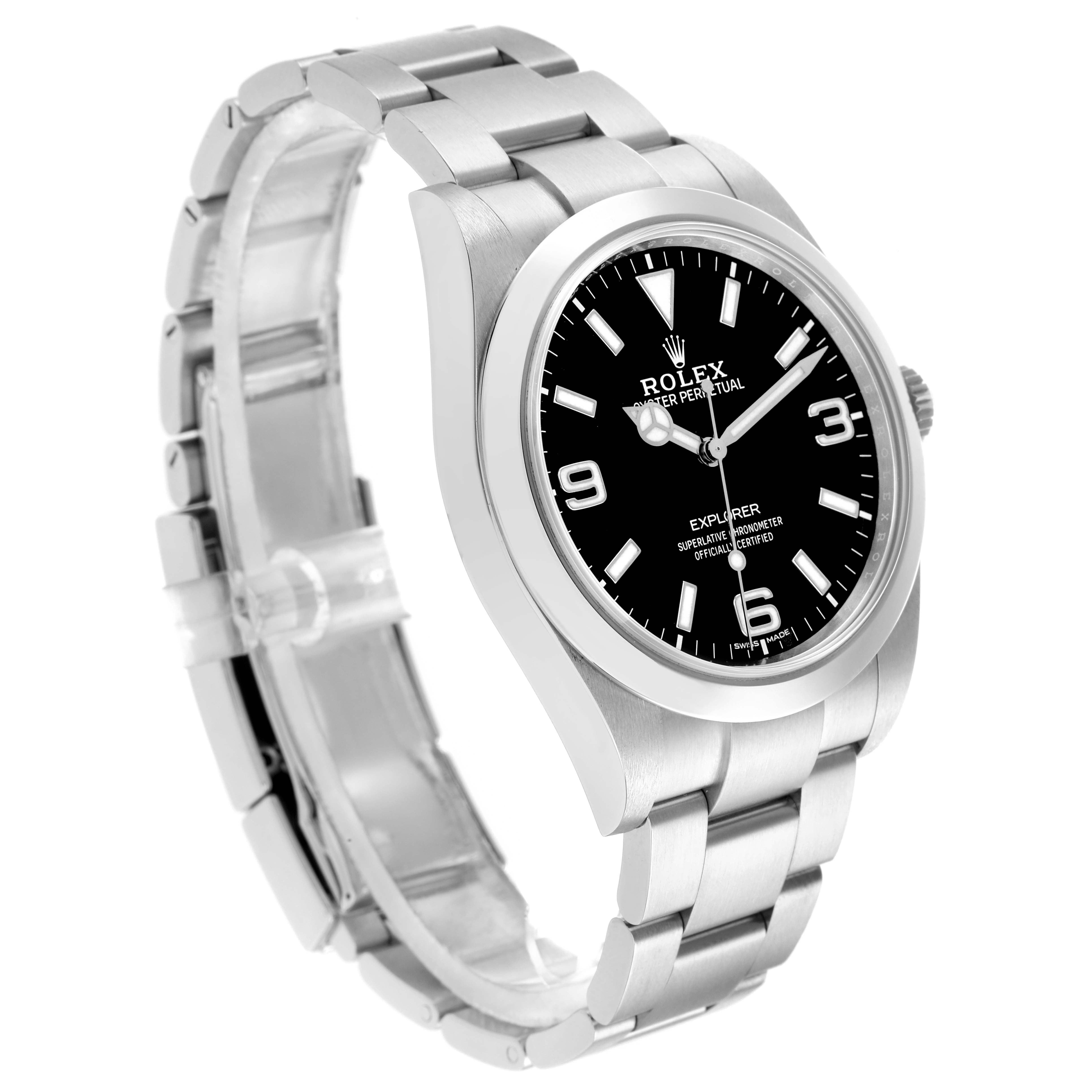 The Rolex Explorer 214270 Men
s Stainless Steel Black Dial watch is shown at a slight side angle, displaying its bracelet, bezel, and black dial with markings.