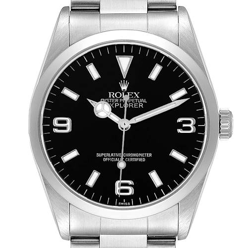 The image shows a front view of a Rolex Explorer watch displaying the face, bezel, lugs, and part of the bracelet.