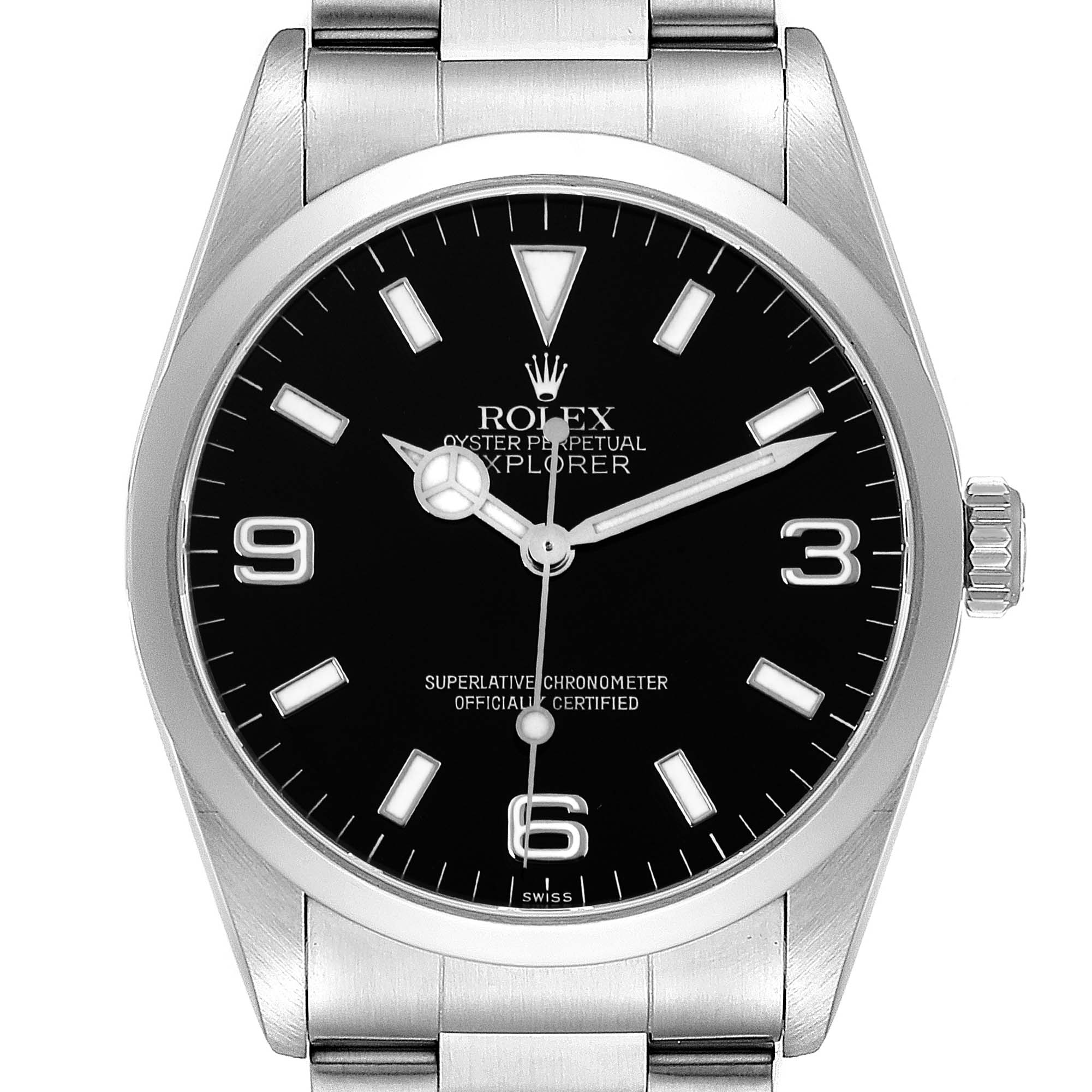 The image shows a front view of the Rolex Explorer 14270 Men
s Stainless Steel Black Dial 14270 Men
s Stainless Steel Black Dial watch, highlighting the dial, hands, markings, crown, and part of the bracelet.