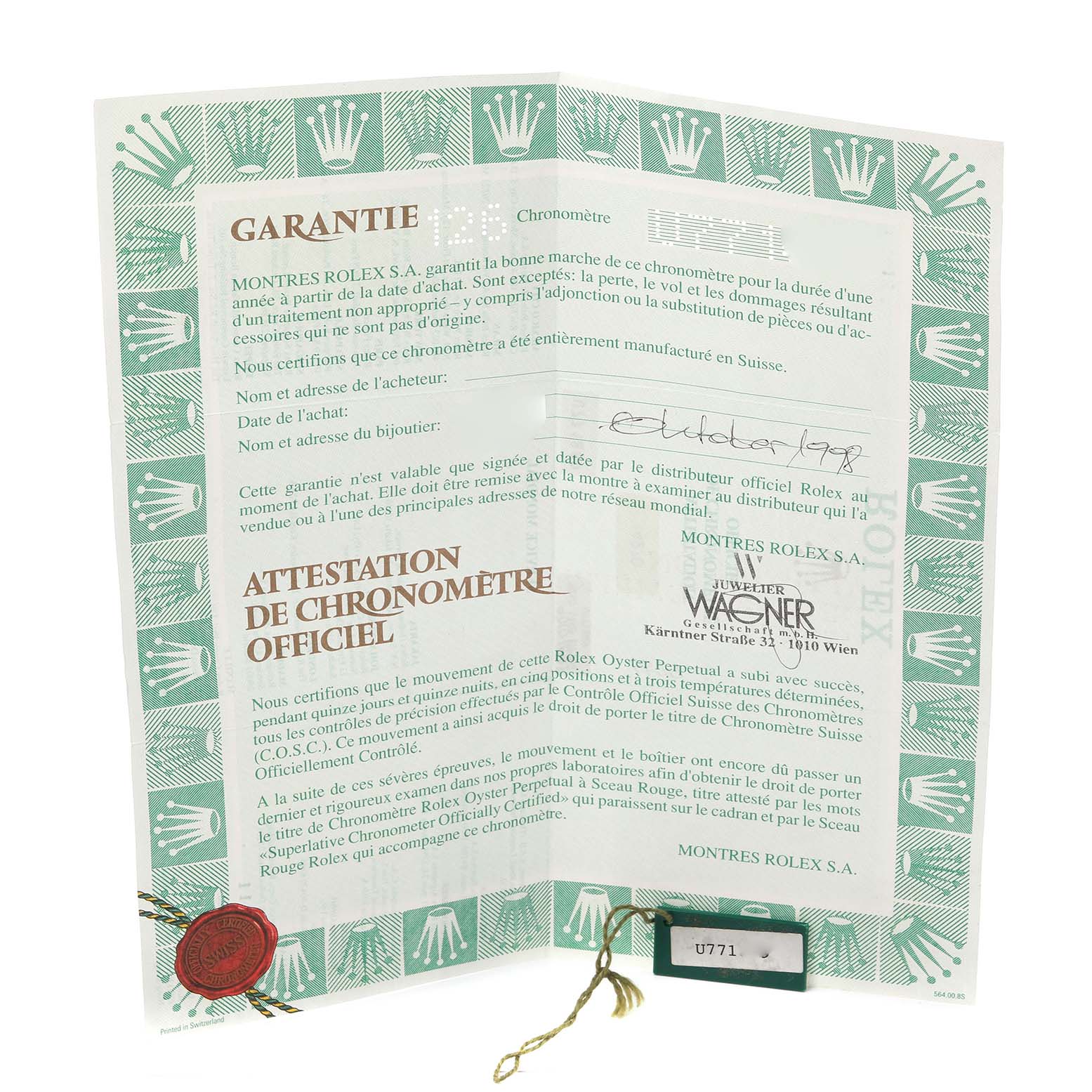 This image shows a warranty and official chronometer certification document for a Rolex Explorer 14270 Men
s Stainless Steel Black Dial 14270 Men
s Stainless Steel Black Dial watch.