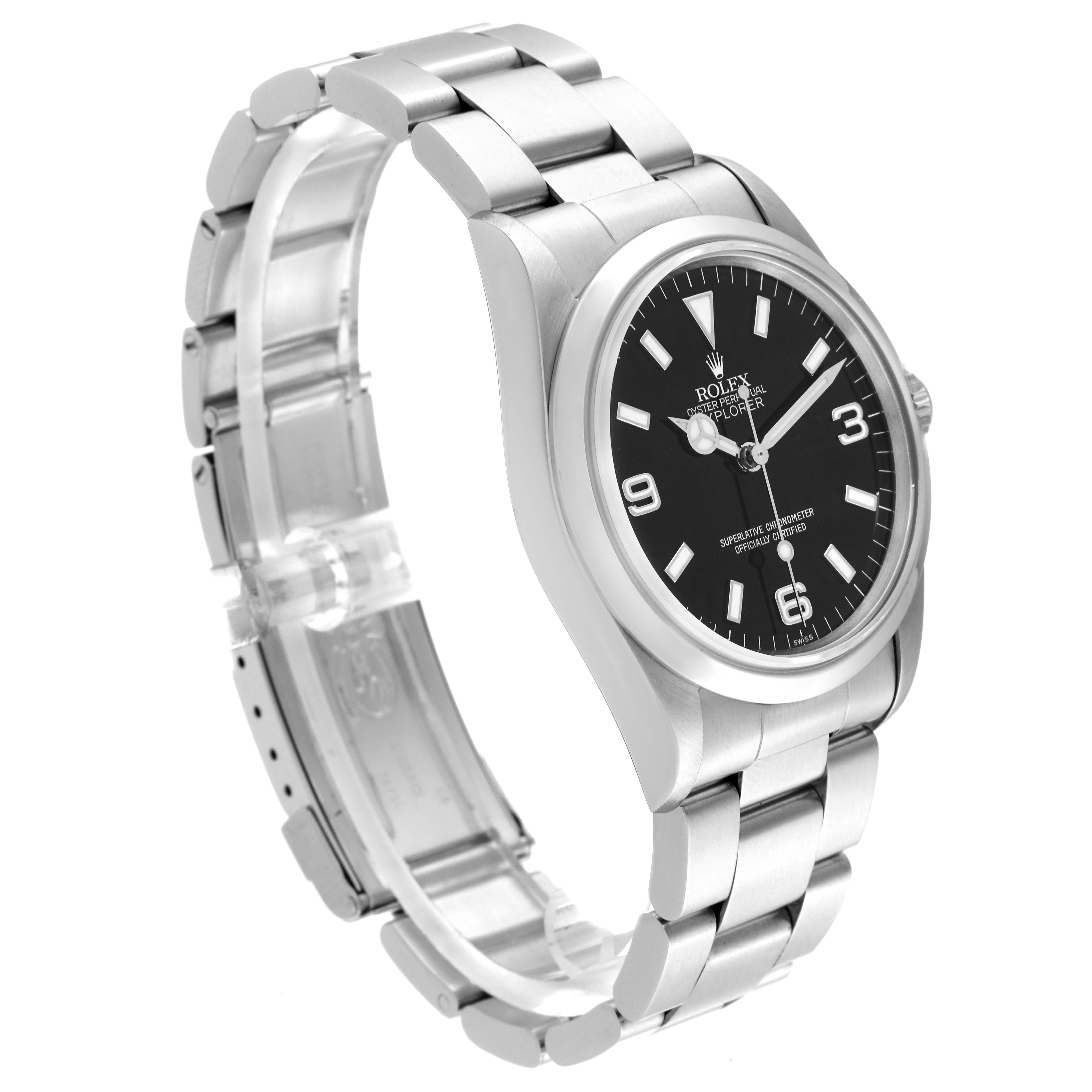 The Rolex Explorer 14270 Men
s Stainless Steel Black Dial 14270 Men
s Stainless Steel Black Dial watch is shown at a three-quarter angle, highlighting the face, bracelet, and clasp.