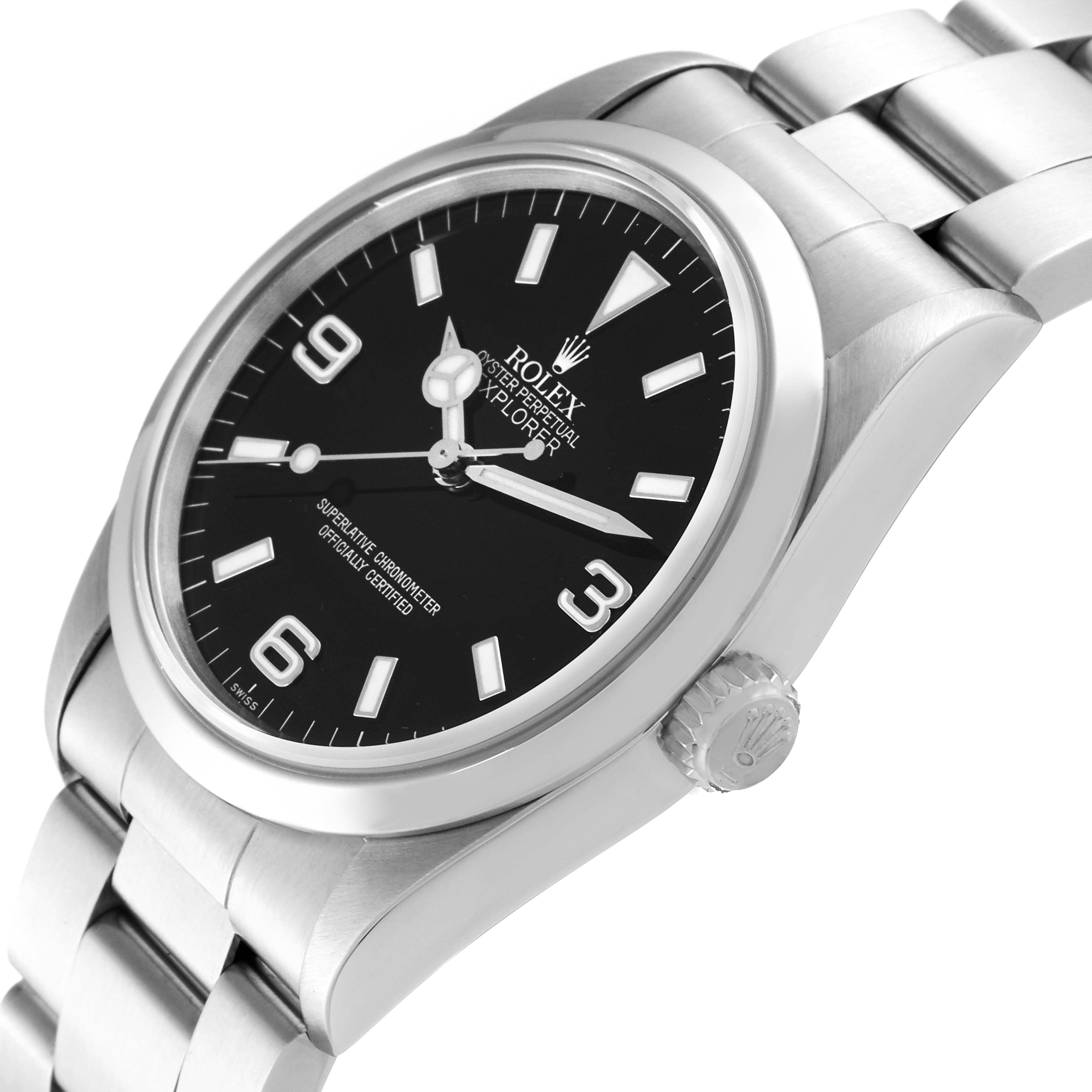 The image shows the dial, bezel, crown, and bracelet of a Rolex Explorer 14270 Men
s Stainless Steel Black Dial 14270 Men
s Stainless Steel Black Dial watch at a slight angle.