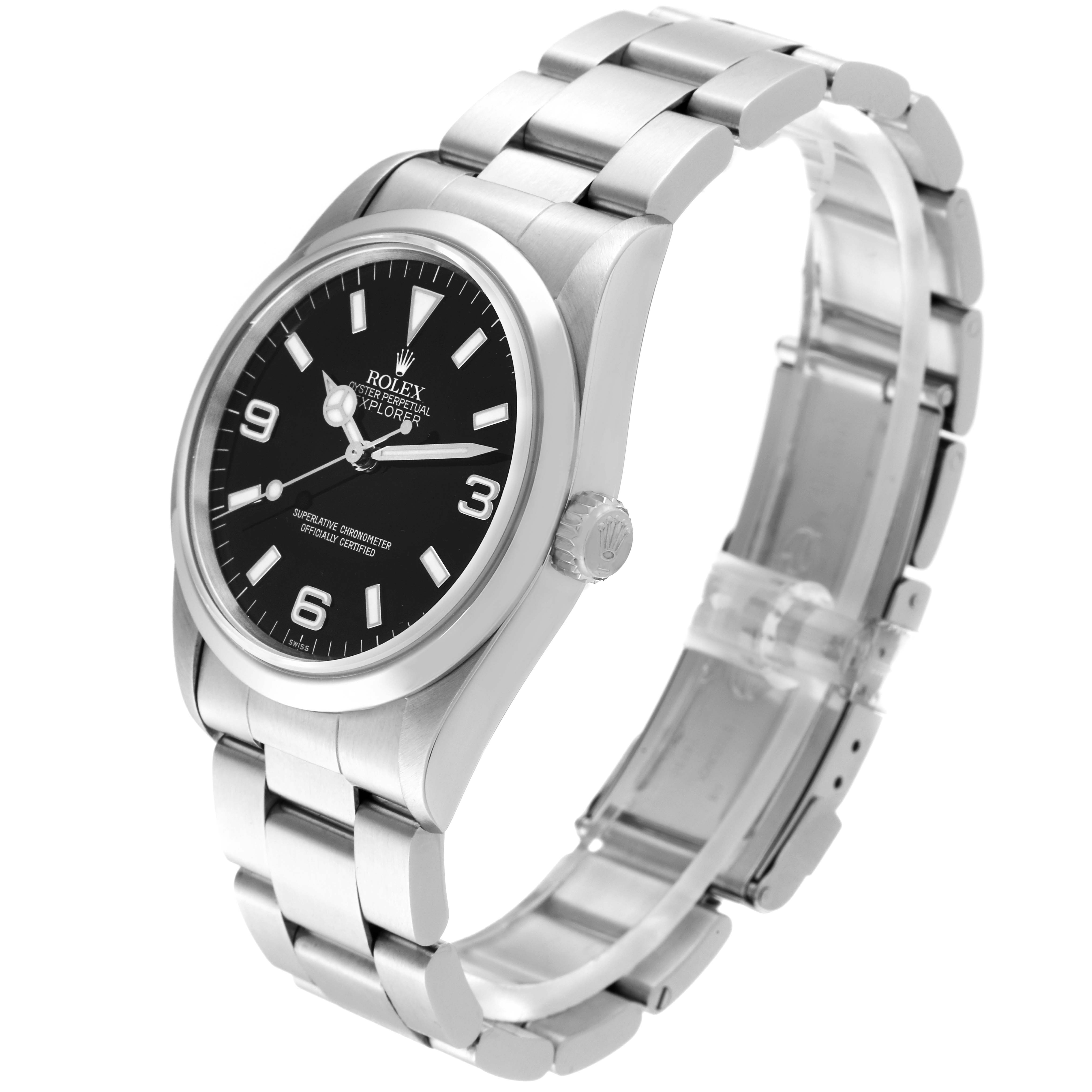 The Rolex Explorer 14270 Men
s Stainless Steel Black Dial 14270 Men
s Stainless Steel Black Dial watch is shown at a three-quarter angle highlighting the dial, crown, case, and bracelet.