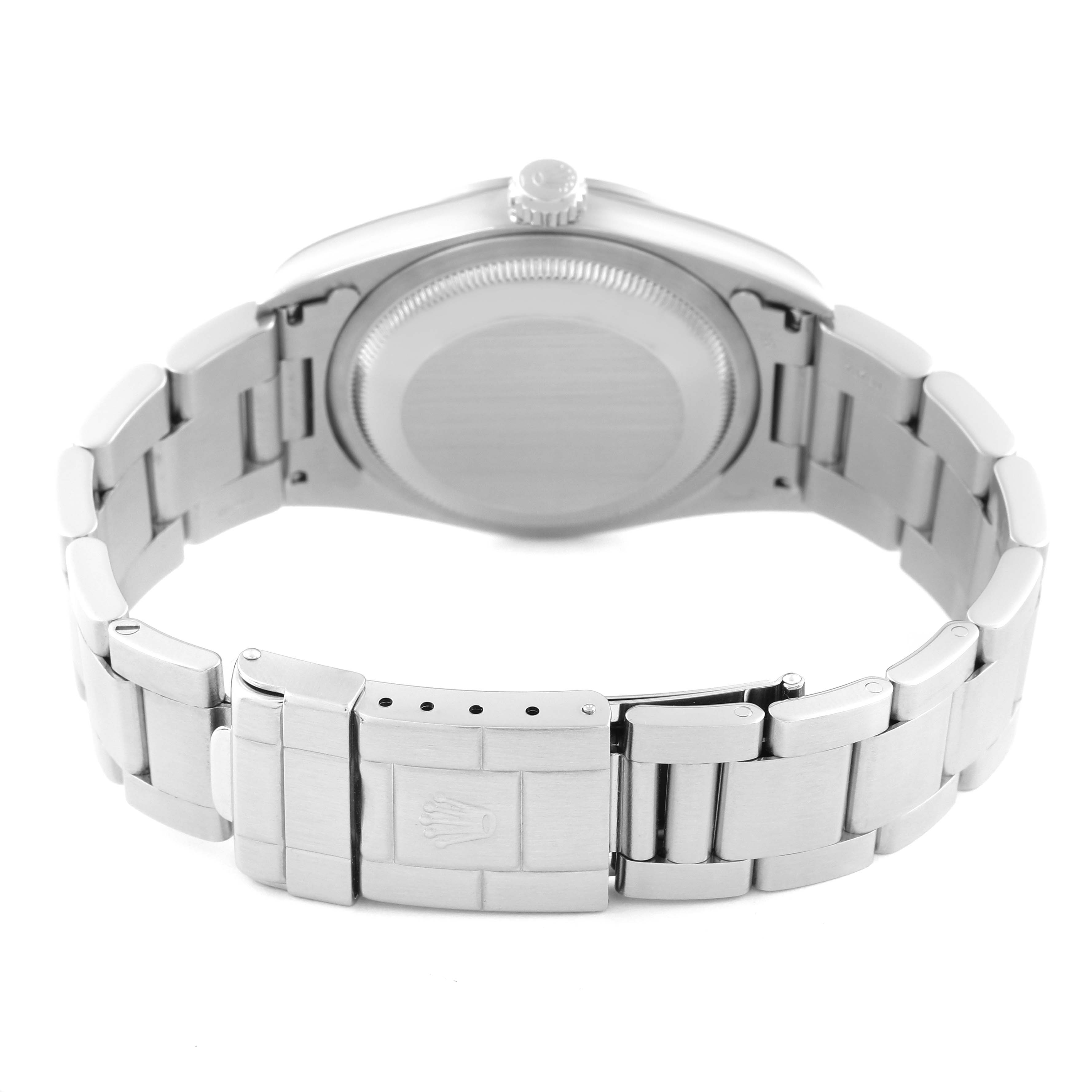 The image shows the back case and bracelet of the Rolex Explorer 14270 Men
s Stainless Steel Black Dial 14270 Men
s Stainless Steel Black Dial watch viewed from the underside.