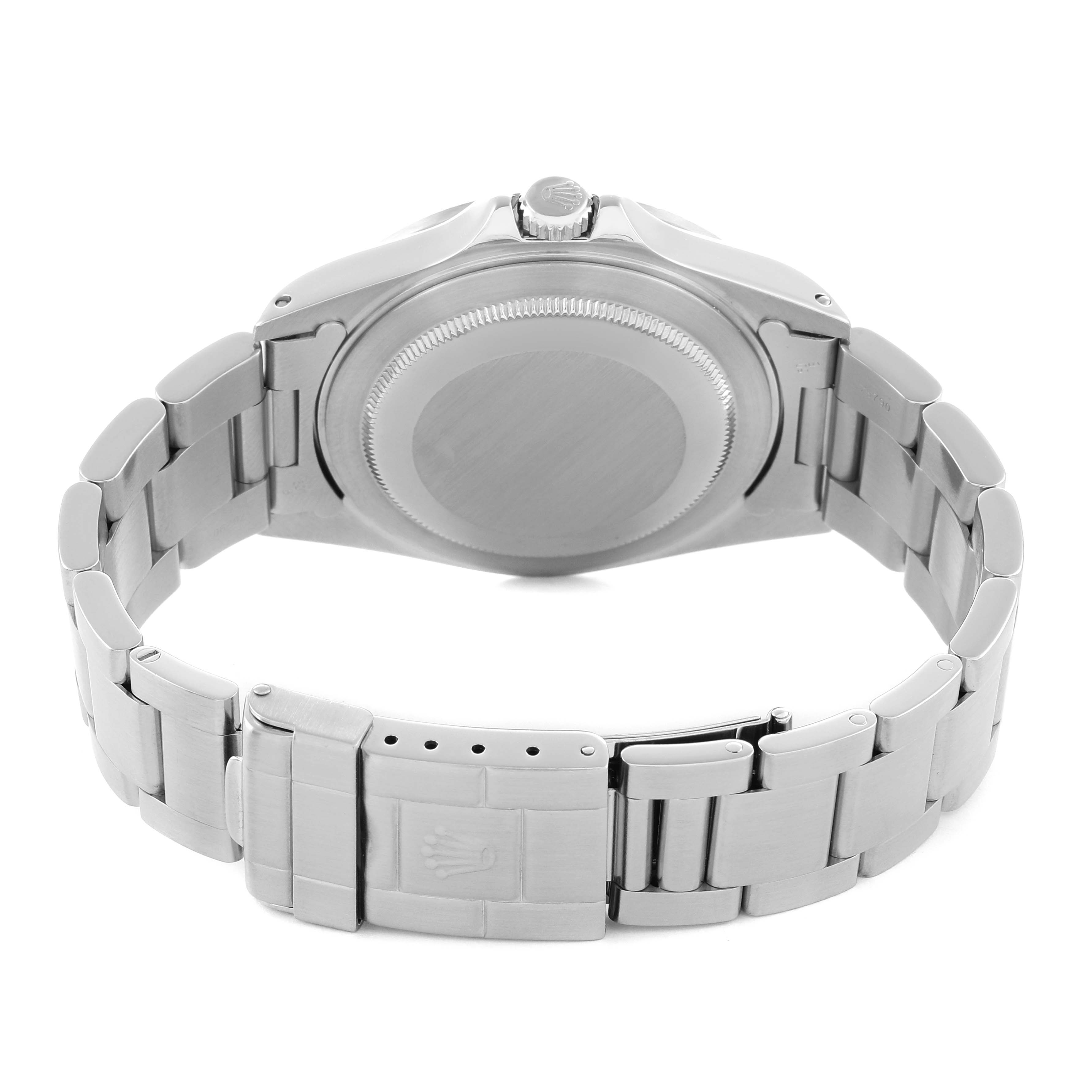 The image shows a Rolex Explorer 16570 Men
s Stainless Steel Black Dial model from the back, highlighting the case, bracelet, and clasp.