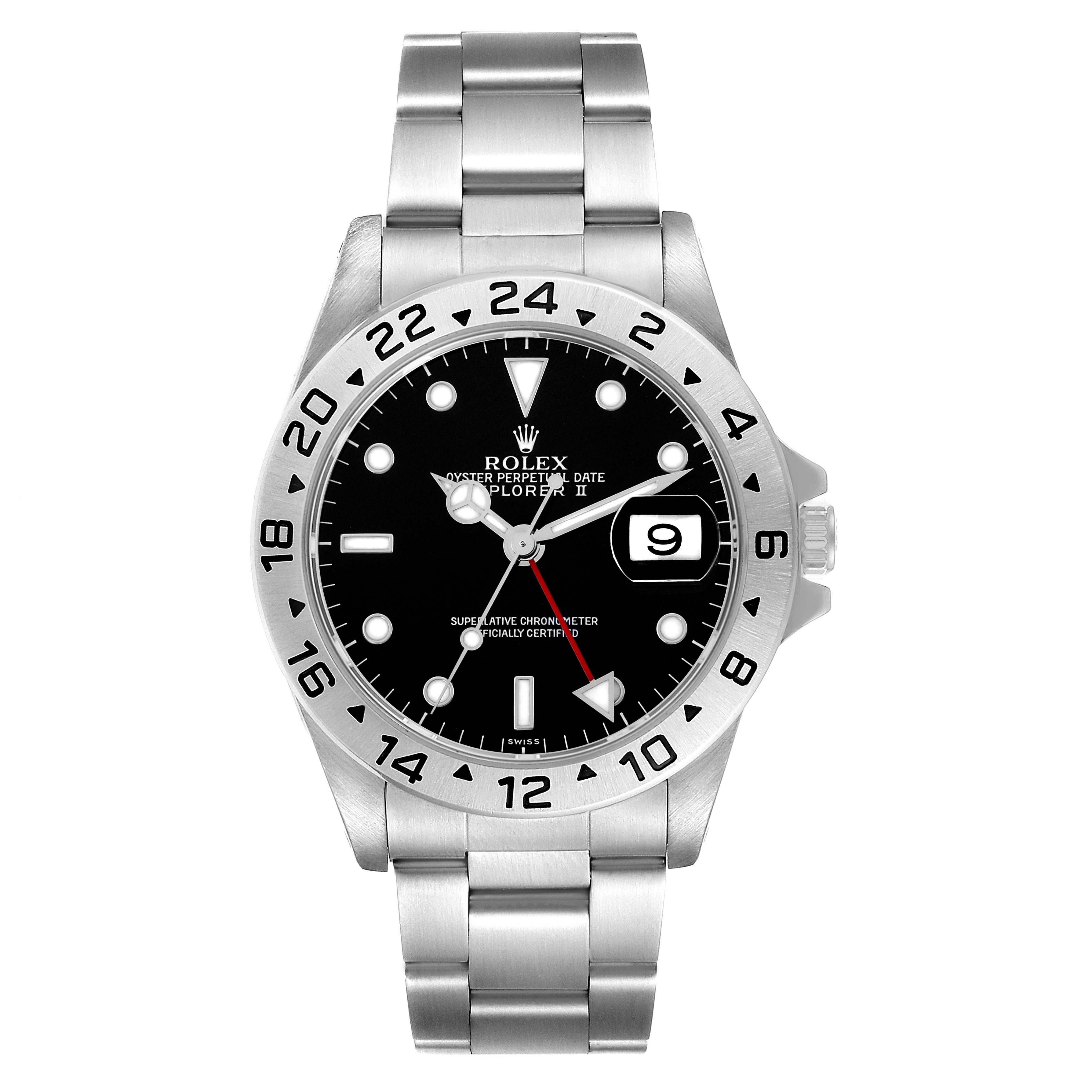 The Rolex Explorer 16570 Men
s Stainless Steel Black Dial watch is shown from the front, displaying the bezel, dial, hands, and bracelet.