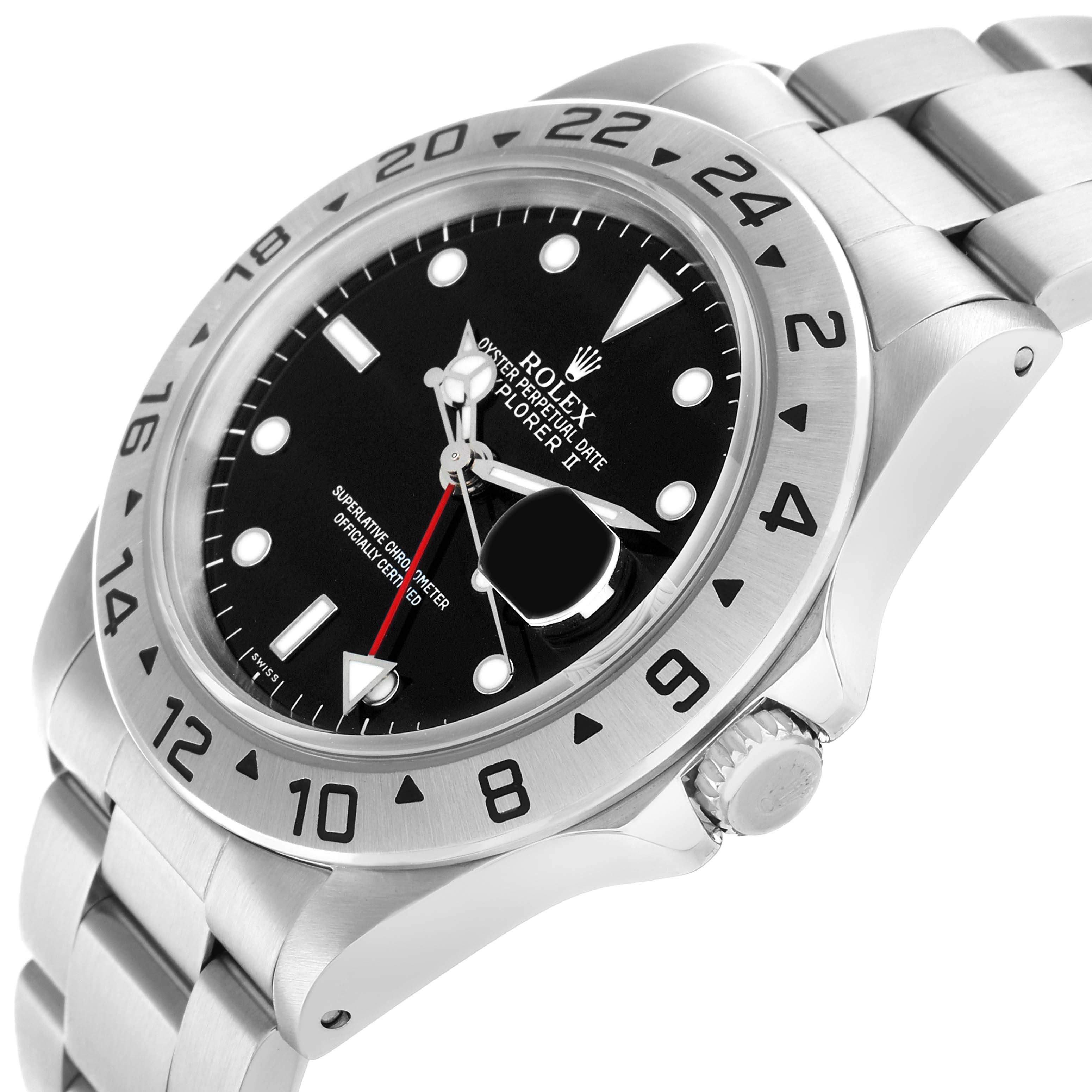The Rolex Explorer 16570 Men
s Stainless Steel Black Dial watch is shown at a three-quarter angle, highlighting the face, bezel, crown, and bracelet links.