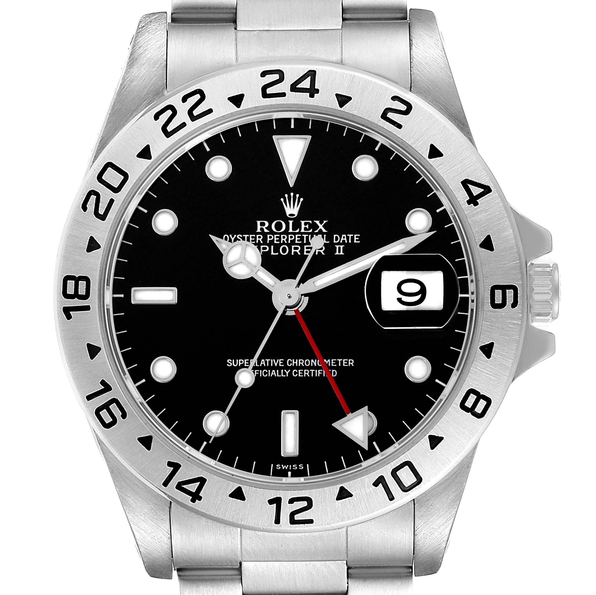 The Rolex Explorer 16570 Men
s Stainless Steel Black Dial II watch is shown from a front angle, displaying the dial, bezel, and part of the bracelet.