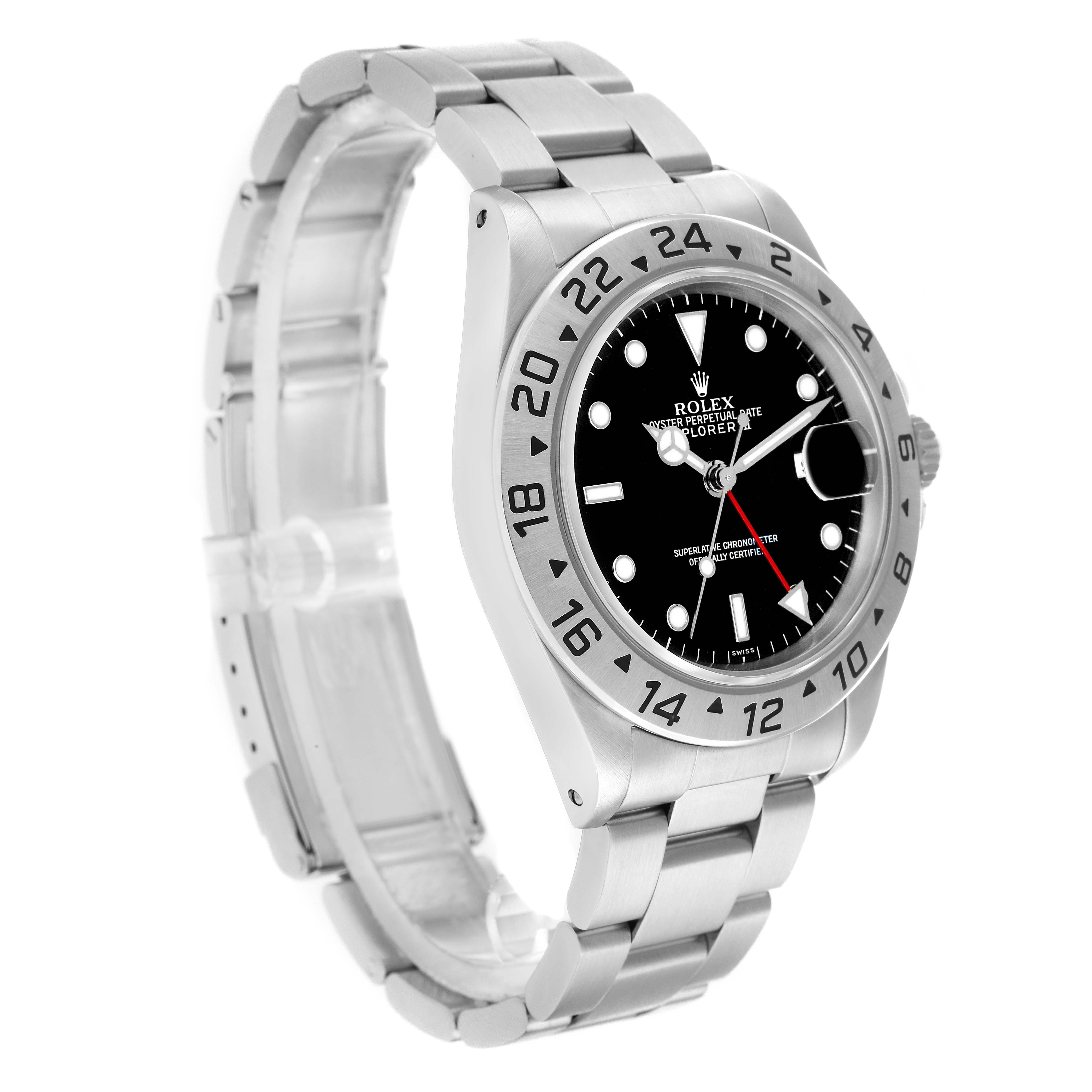 The Rolex Explorer 16570 Men
s Stainless Steel Black Dial watch is shown at a three-quarter angle, highlighting the bezel, dial, and stainless steel bracelet.