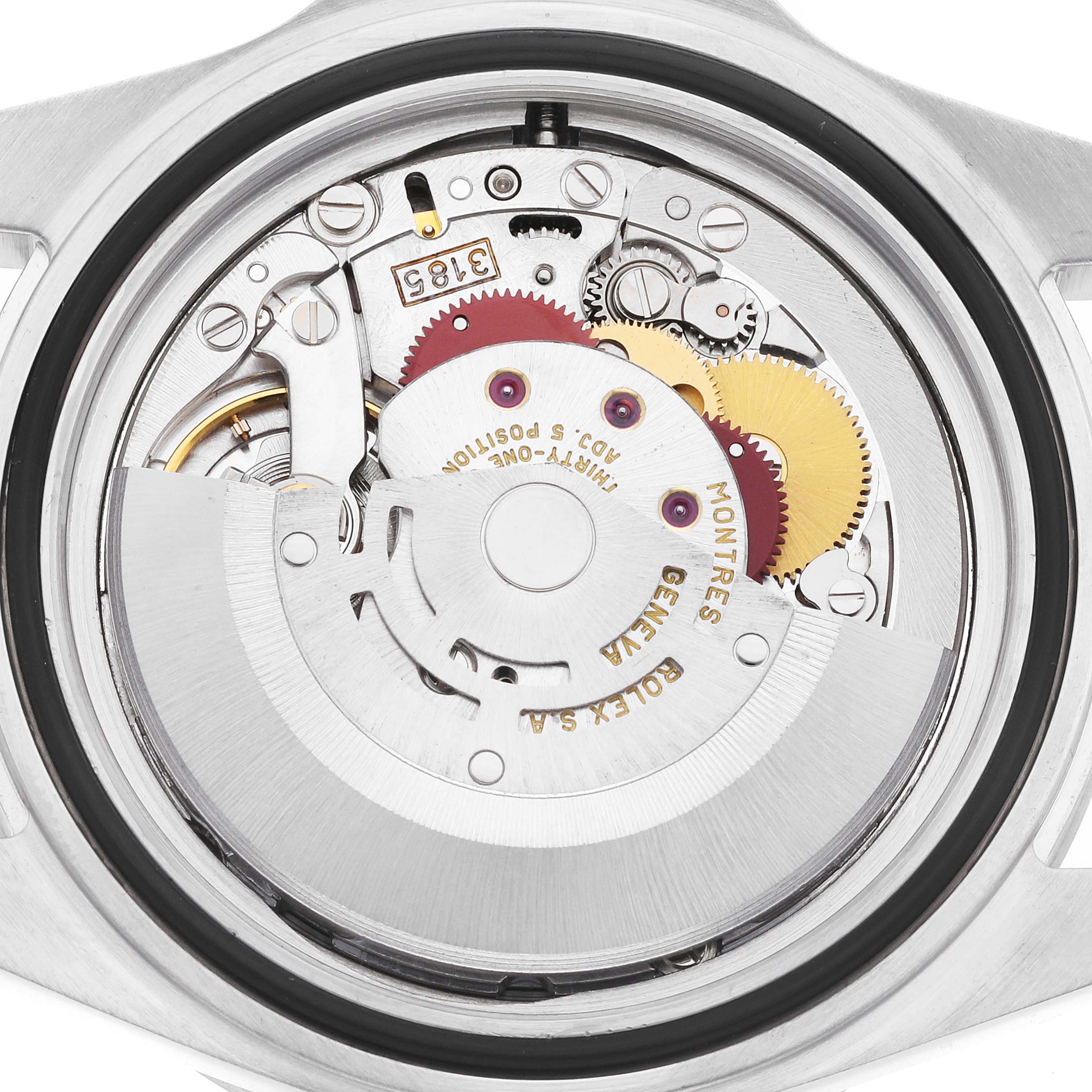The image shows the internal mechanism of a Rolex Explorer 16570 Men
s Stainless Steel Black Dial, viewed from the back, highlighting gears and the rotor.