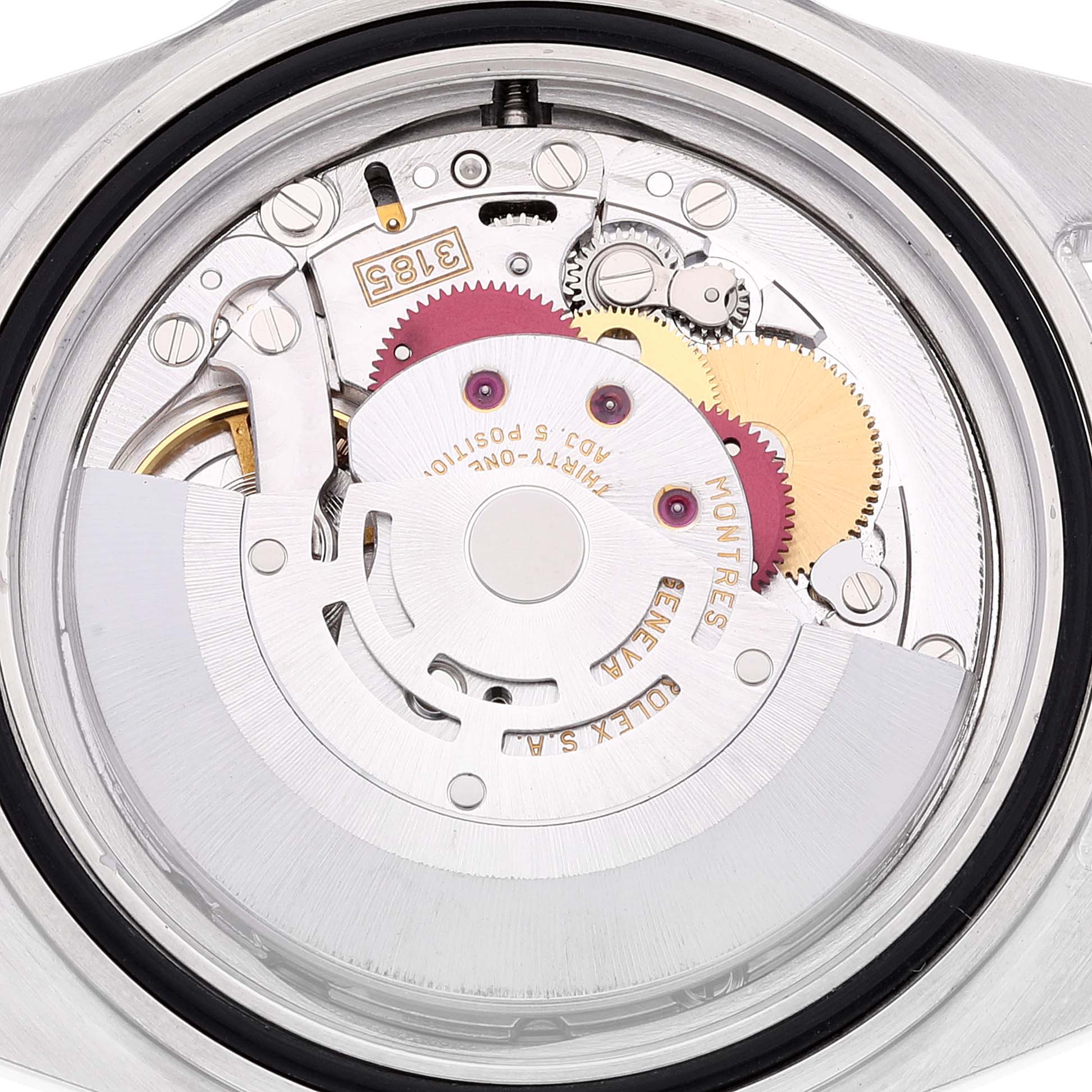 This image shows the movement mechanism of the back of a Rolex Explorer 16570 Men's Stainless Steel White Dial 16570 Men's Stainless Steel White Dial watch.
