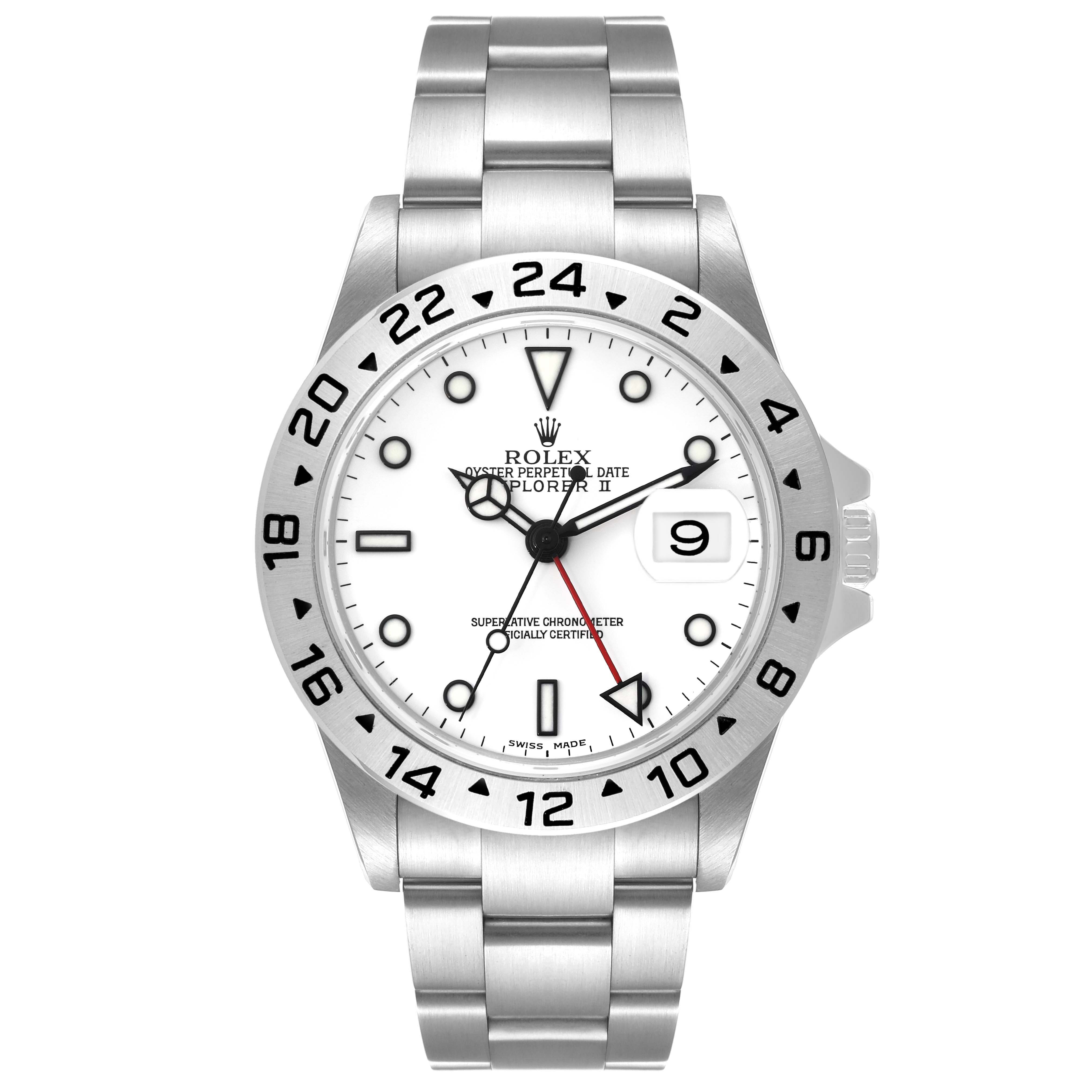 The image shows a front view of the Rolex Explorer 16570 Men's Stainless Steel White Dial 16570 Men's Stainless Steel White Dial watch, displaying its dial, hands, date window, and bracelet.
