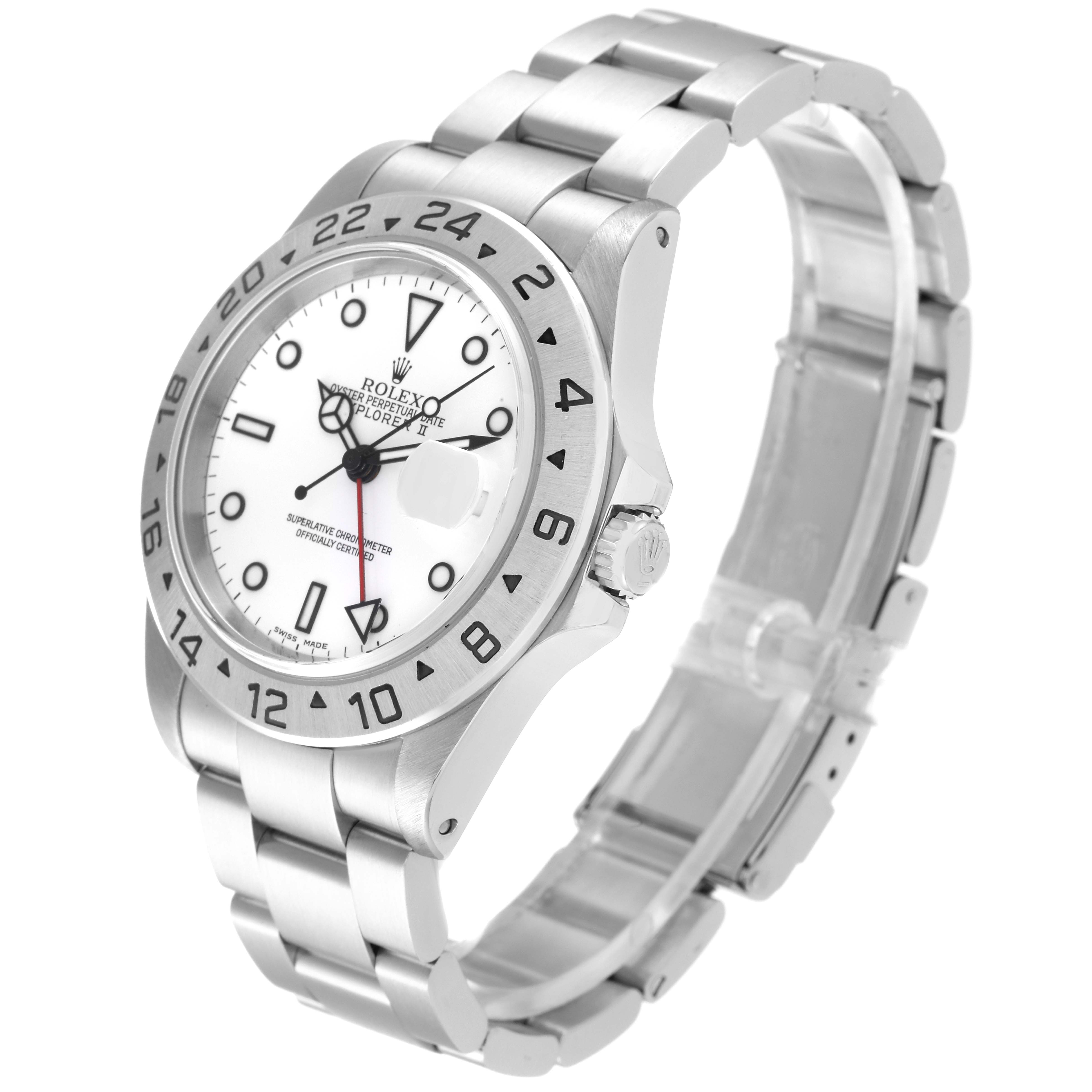 The image shows a side view of the Rolex Explorer 16570 Men's Stainless Steel White Dial 16570 Men's Stainless Steel White Dial watch, featuring the bezel, crown, and bracelet.