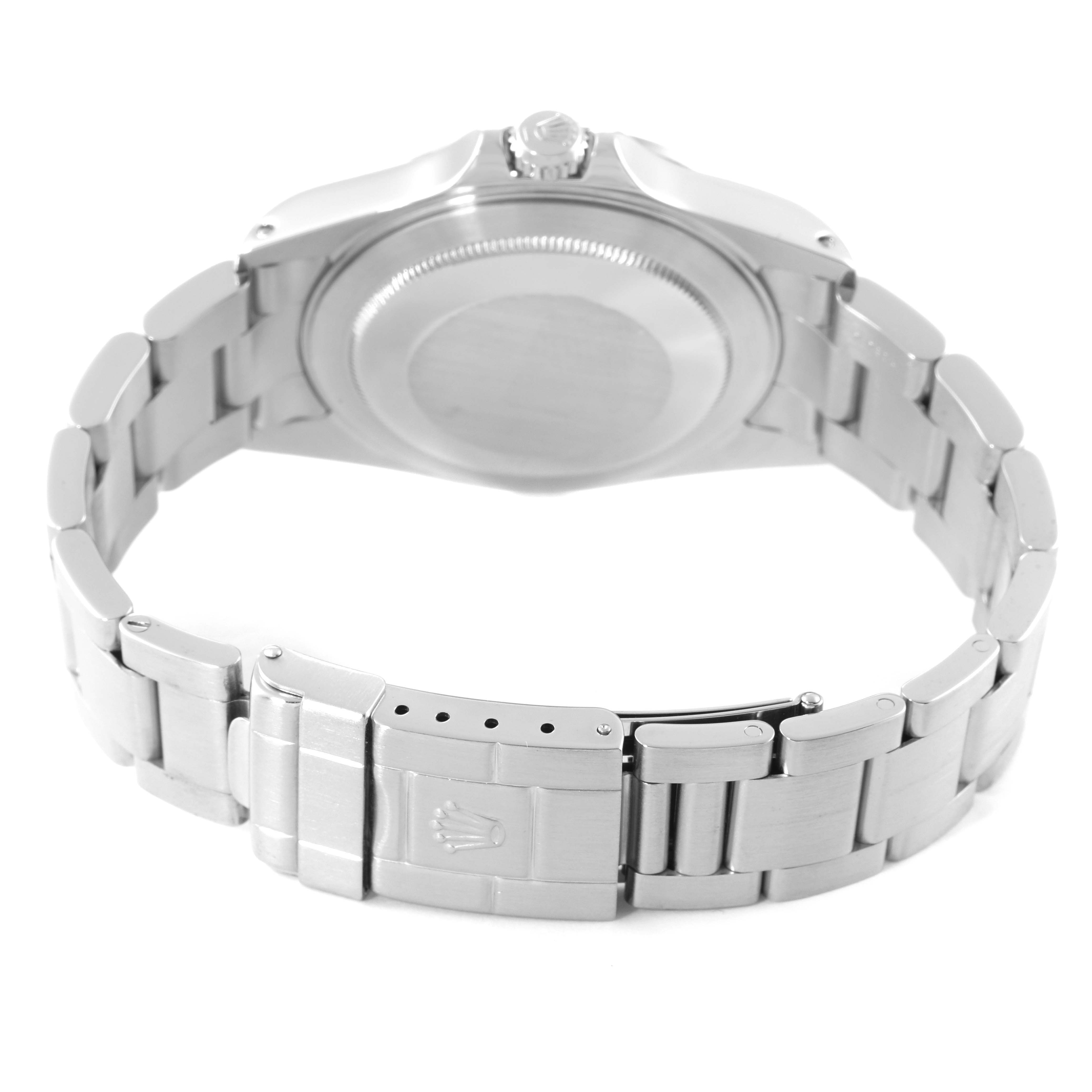 The image shows the back view of a Rolex Explorer 16570 Men's Stainless Steel White Dial 16570 Men's Stainless Steel White Dial watch, highlighting its case back and bracelet with clasp.