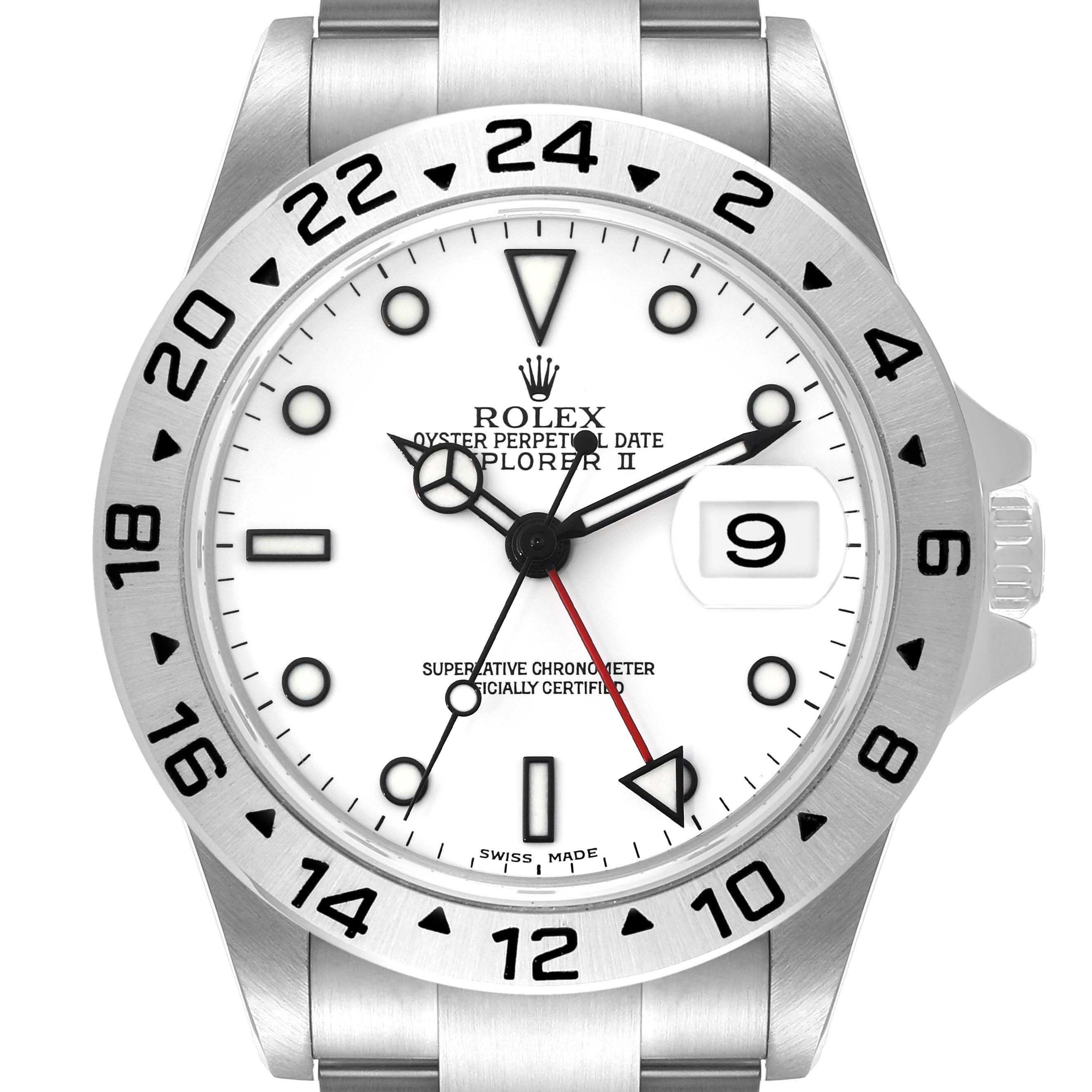 The Rolex Explorer 16570 Men's Stainless Steel White Dial 16570 Men's Stainless Steel White Dial is shown from a front angle, displaying its white dial, bezel with 24-hour markings, and bracelet.