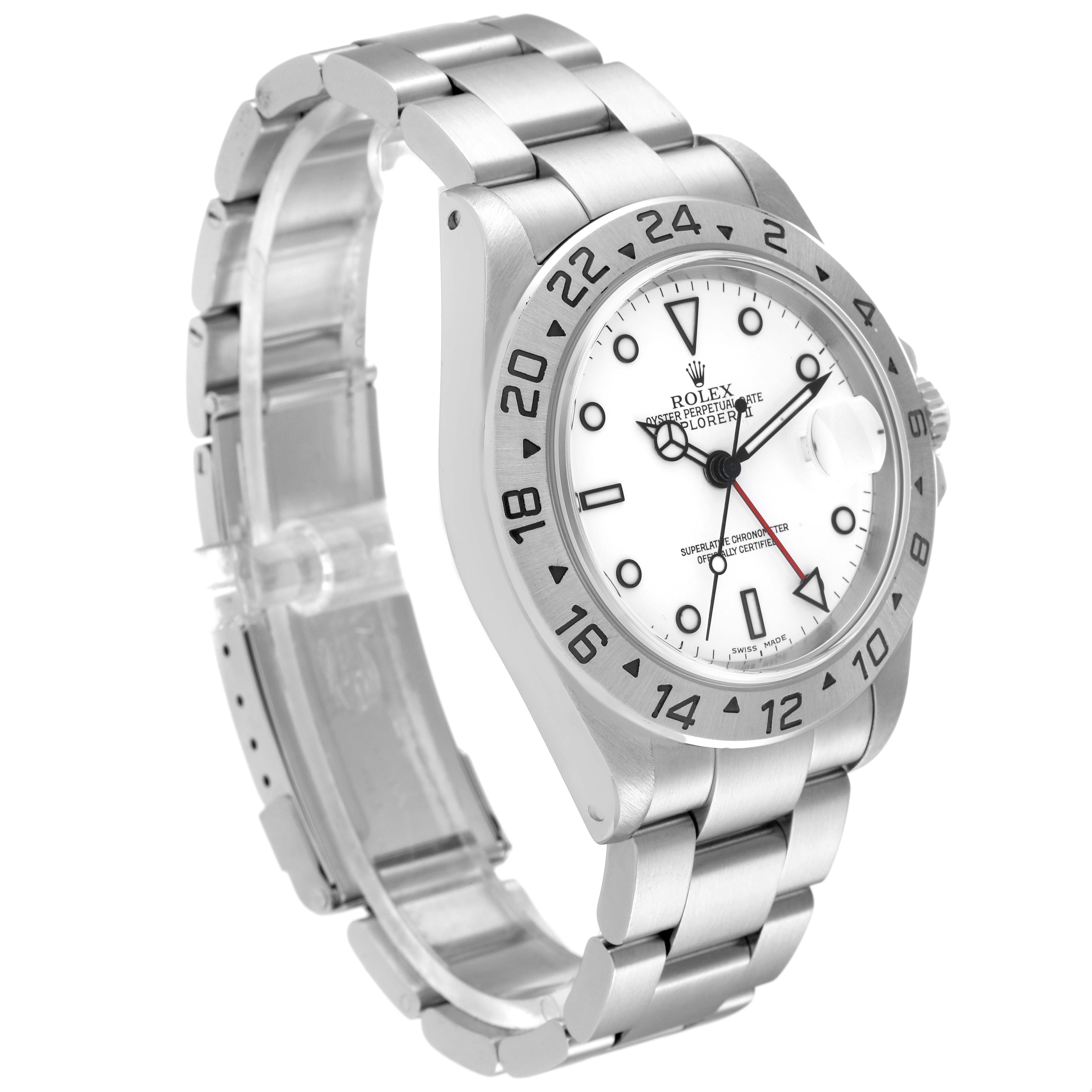 This image displays a Rolex Explorer 16570 Men's Stainless Steel White Dial 16570 Men's Stainless Steel White Dial watch from a front side angle, highlighting its bezel, dial, and metal bracelet.