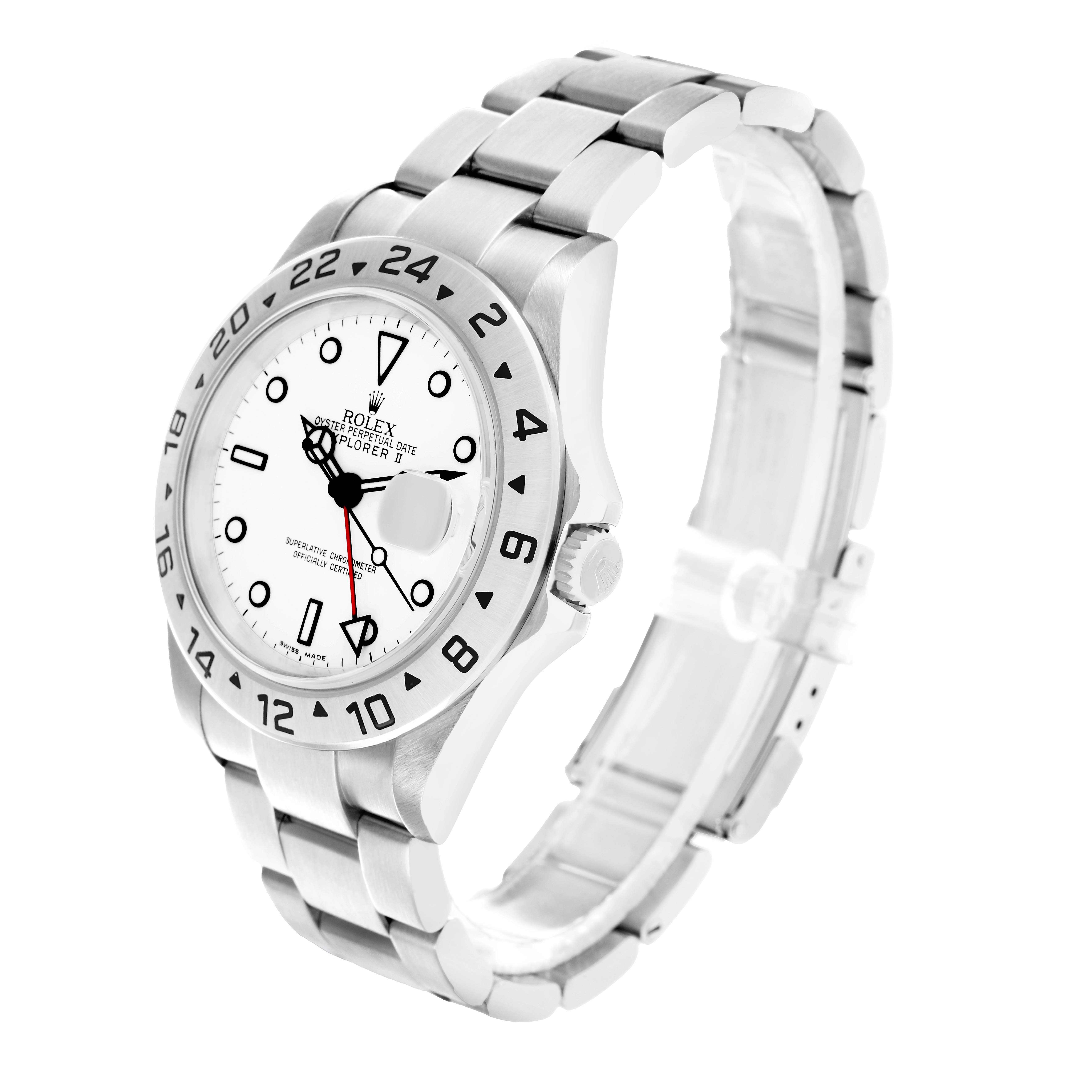 The Rolex Explorer 16570 Men
s Stainless Steel White Dial watch is shown at an angled side view, highlighting the dial, bezel, and bracelet.