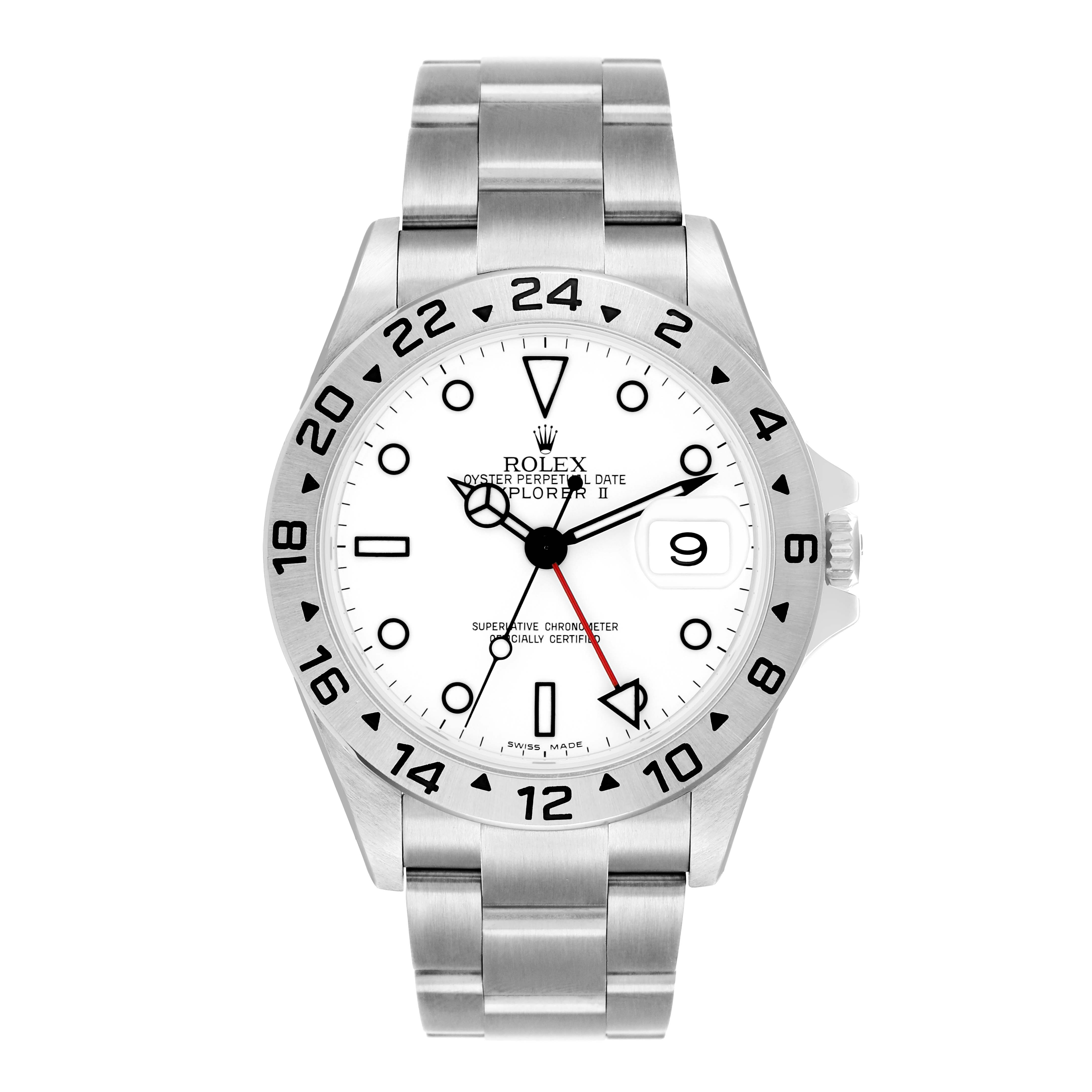 The Rolex Explorer 16570 Men
s Stainless Steel White Dial model is shown front-facing, displaying the dial, bezel, hands, bracelet, and date window.