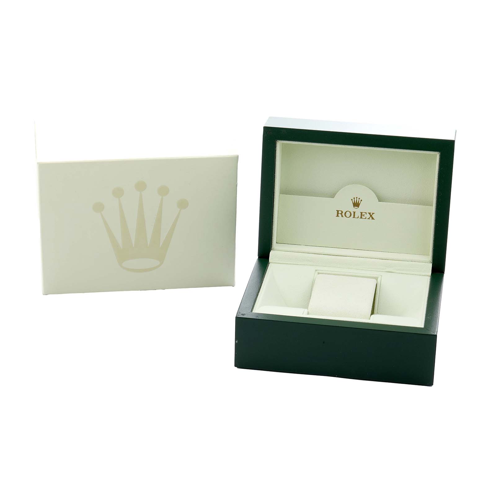 The image shows an opened Rolex Explorer 16570 Men
s Stainless Steel White Dial watch box and an outer cover with the Rolex logo.