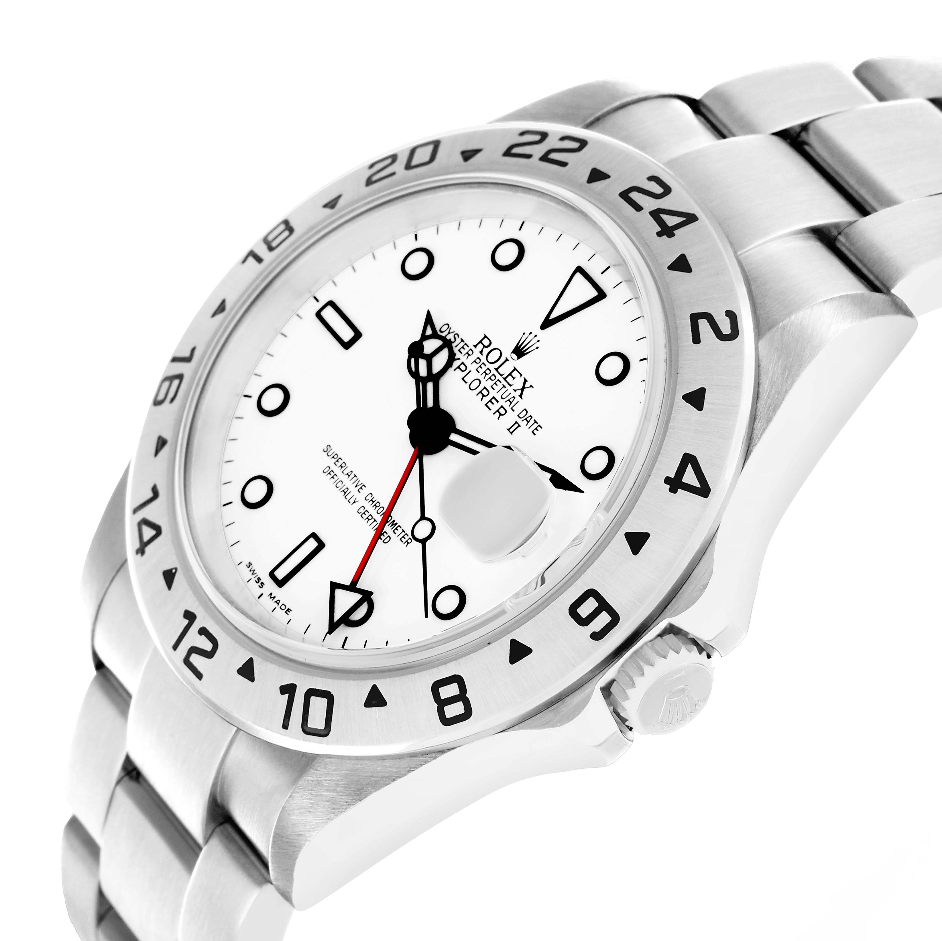 The Rolex Explorer 16570 Men
s Stainless Steel White Dial watch is shown at an angle highlighting the face, bezel, and part of the bracelet.