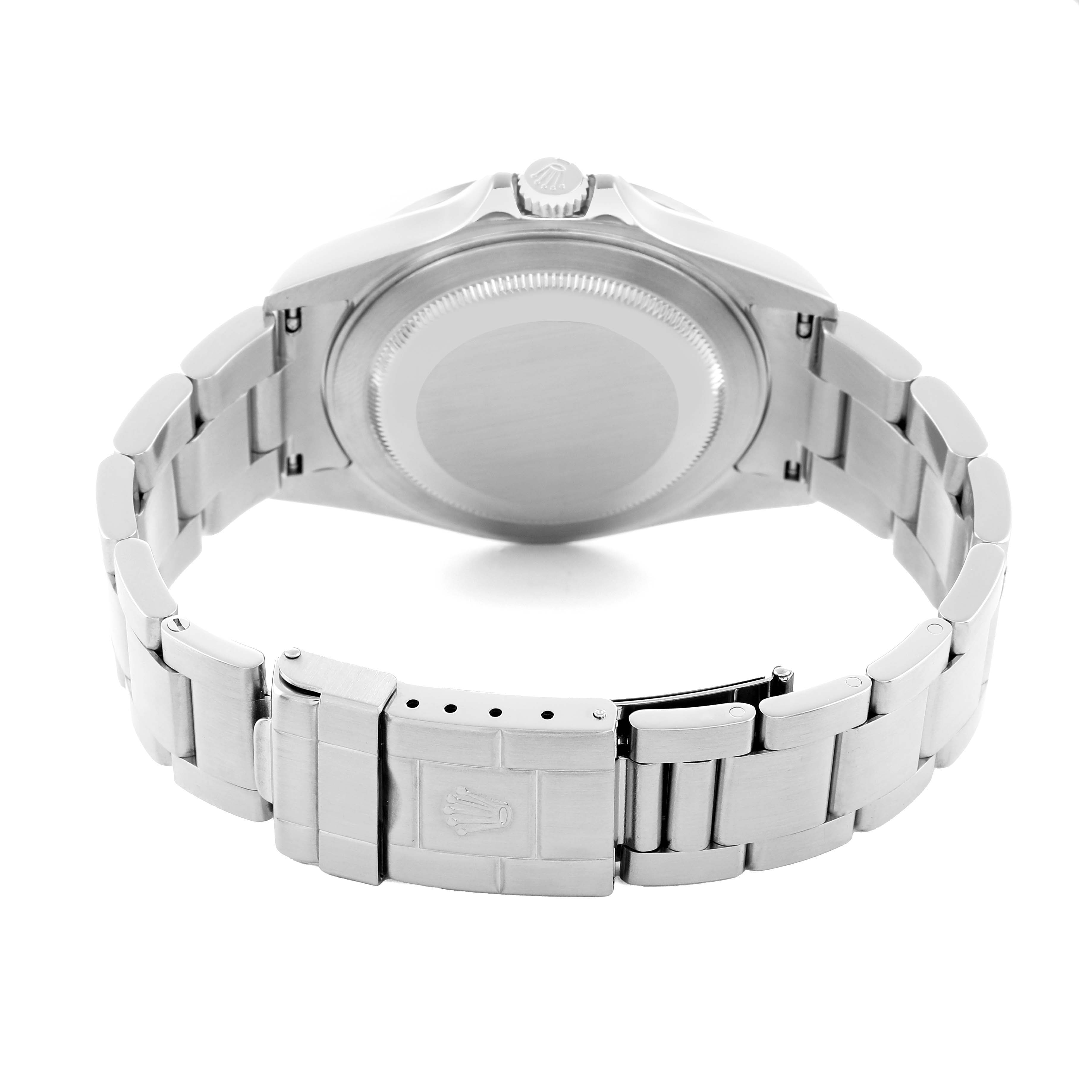 The image shows the back of a Rolex Explorer 16570 Men
s Stainless Steel White Dial watch, highlighting the case back, bracelet, and clasp.