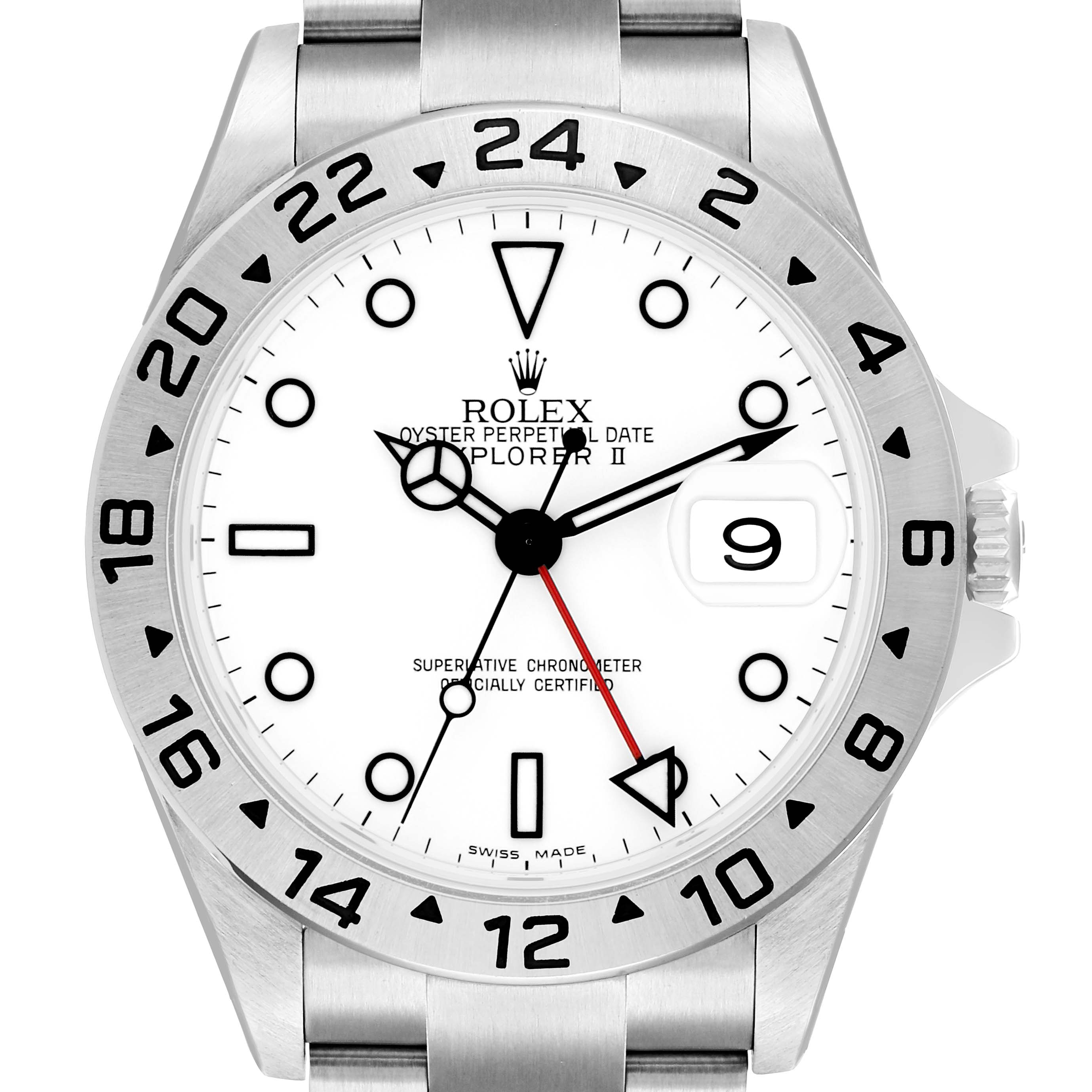 The image shows a frontal view of a Rolex Explorer 16570 Men
s Stainless Steel White Dial II watch, displaying the dial, bezel, case, and part of the bracelet.