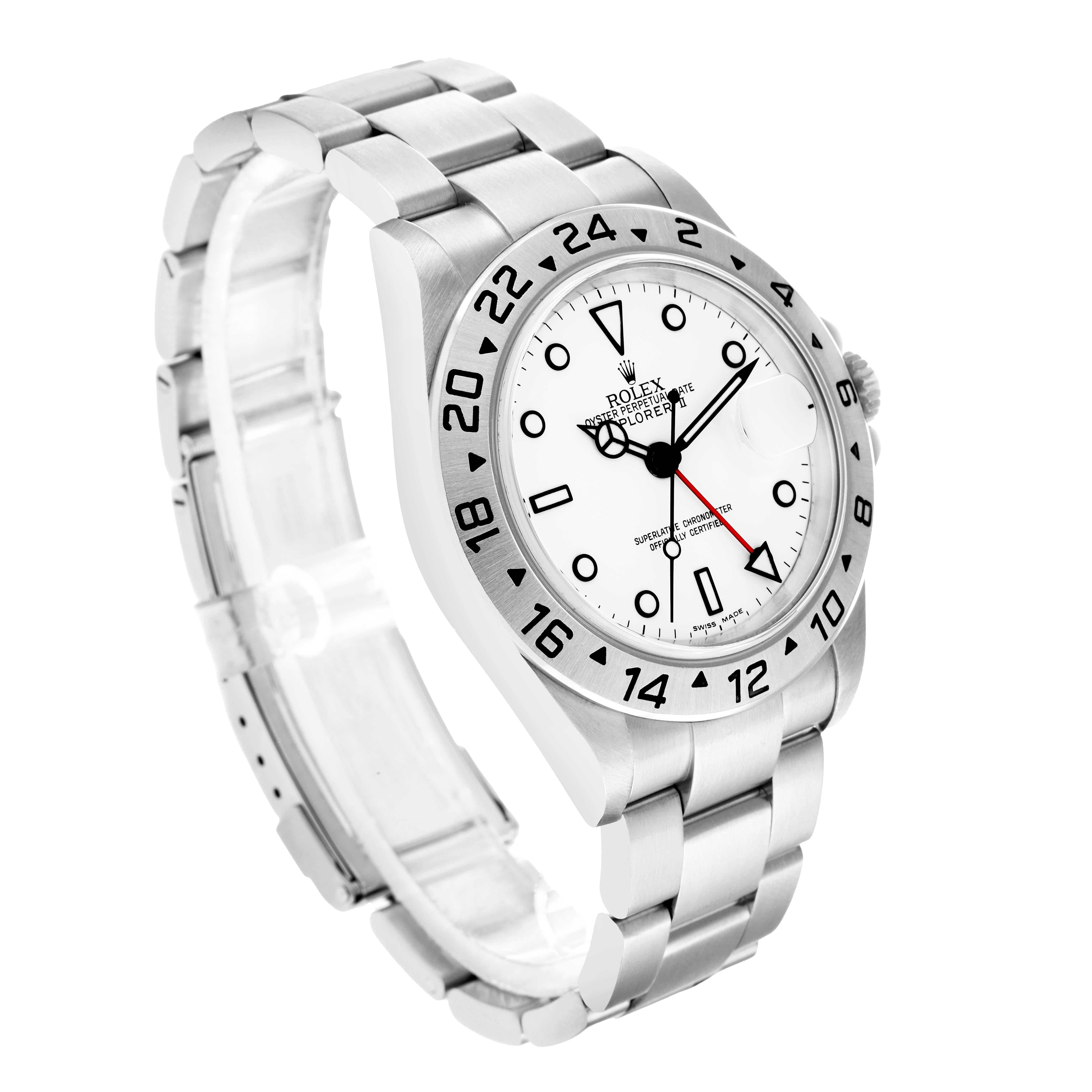 The Rolex Explorer 16570 Men
s Stainless Steel White Dial watch is shown at a three-quarter angle, displaying its bezel, dial, bracelet, and crown.