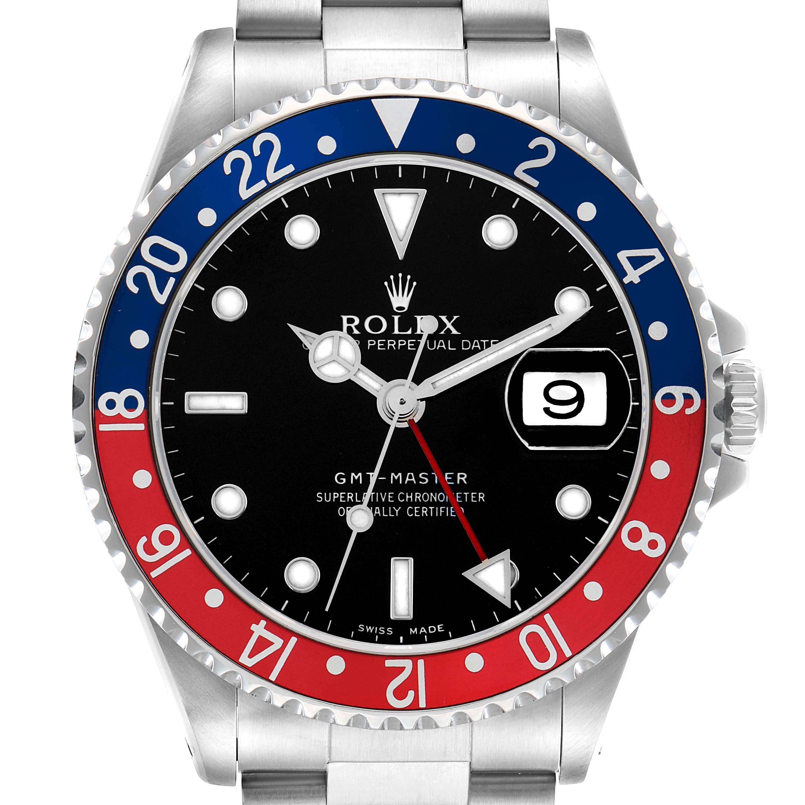 The image shows a frontal view of the Rolex GMT-Master 16700 Men
s Stainless Steel Black Dial with a red and blue bezel and stainless steel bracelet.