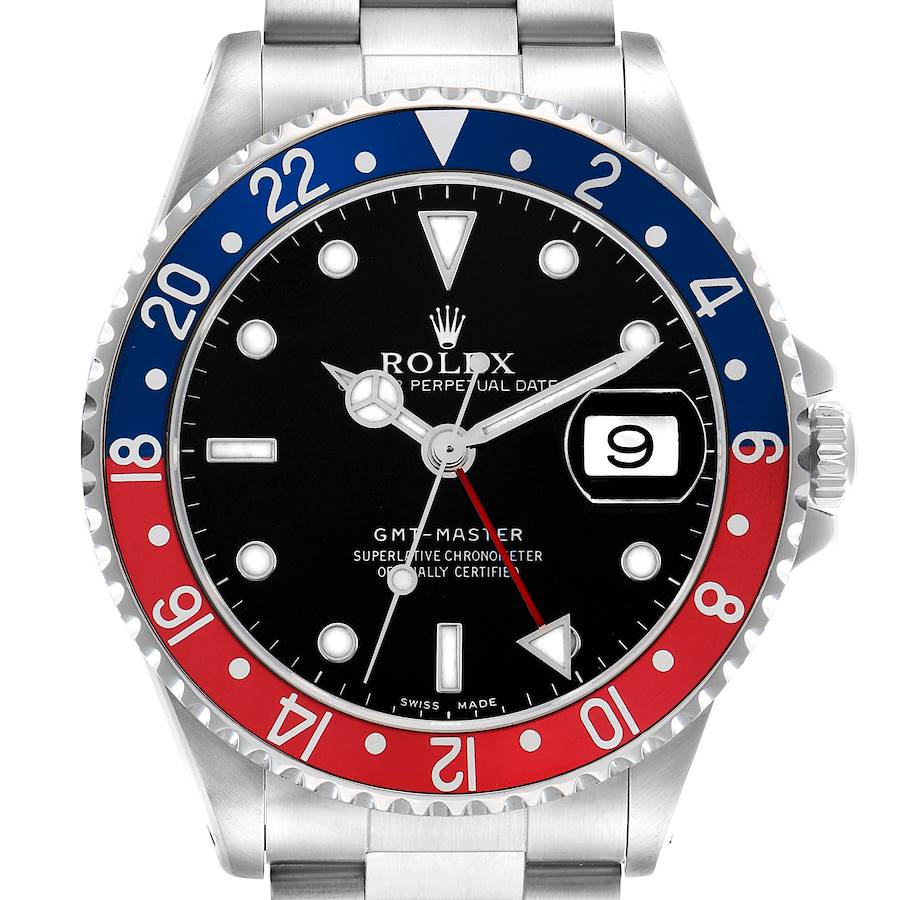 The image shows a frontal view of the Rolex GMT-Master 16700 Men's Stainless Steel Black Dial with a red and blue bezel and stainless steel bracelet.